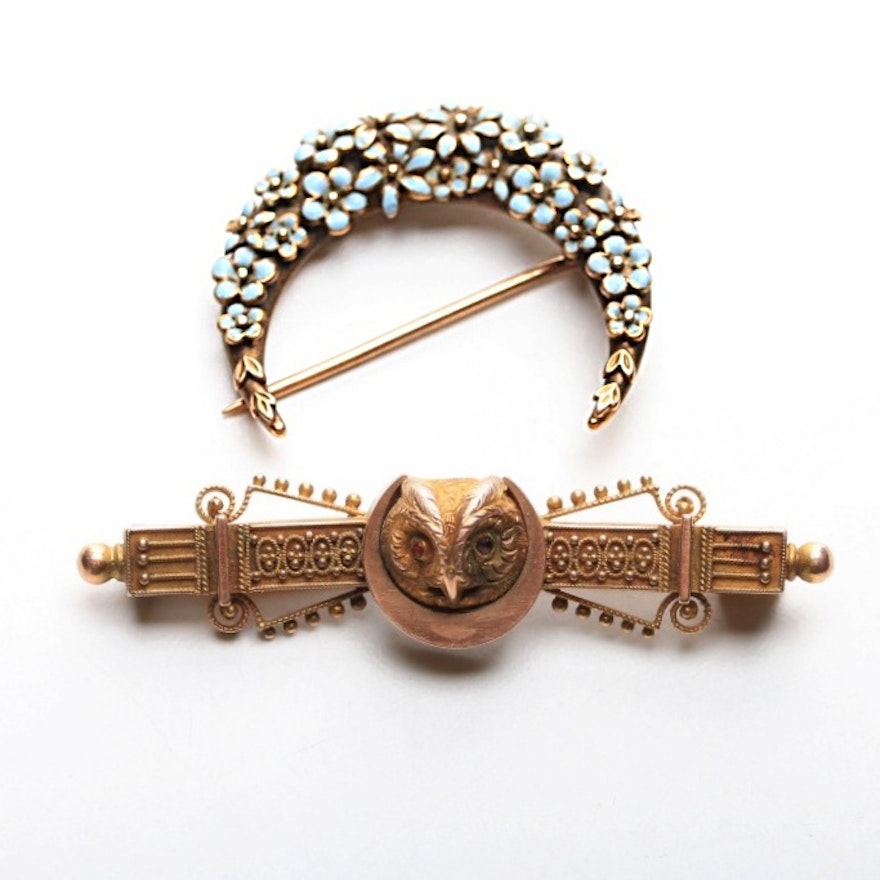 Victorian 14K Yellow Gold Owl Brooch and Crescent Moon