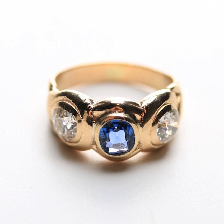 14K Yellow Gold Diamond and Sapphire Three Stone Ring