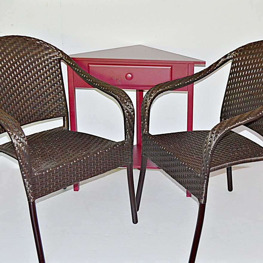 Two Frontgate Woven Vinyl Chair and Red Painted Triangular Corner Table