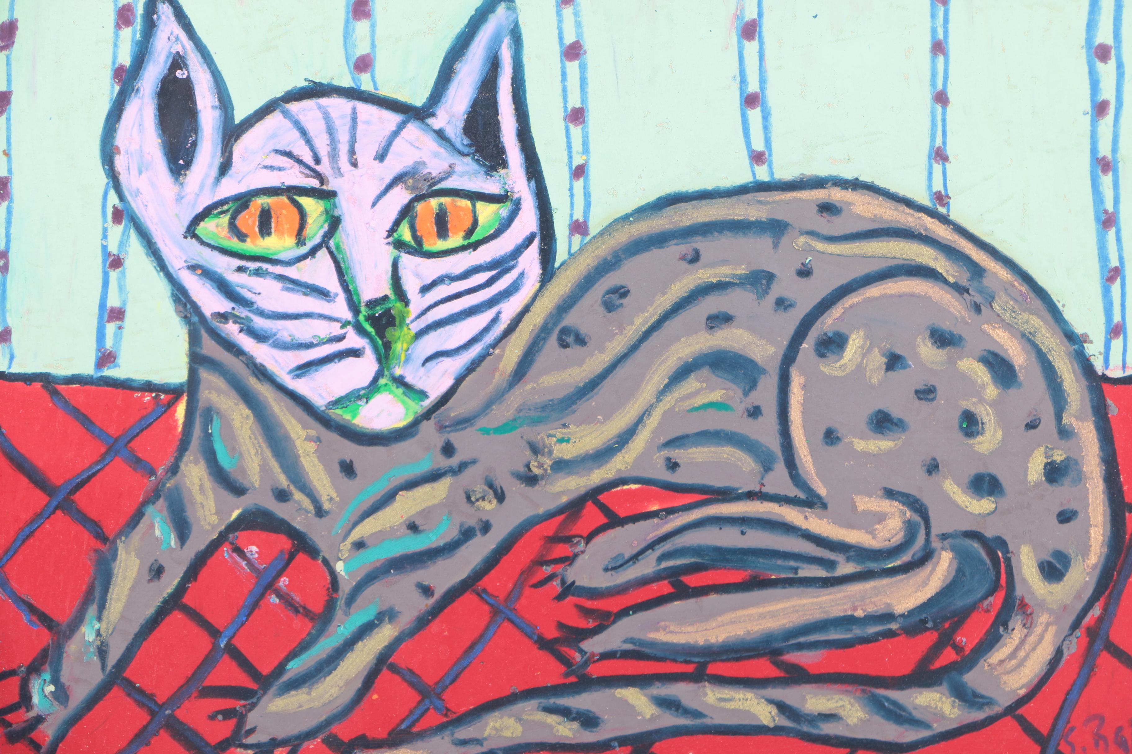 Sarah Rakes Oil on Paper "Farm Cat on Red Linoleum"