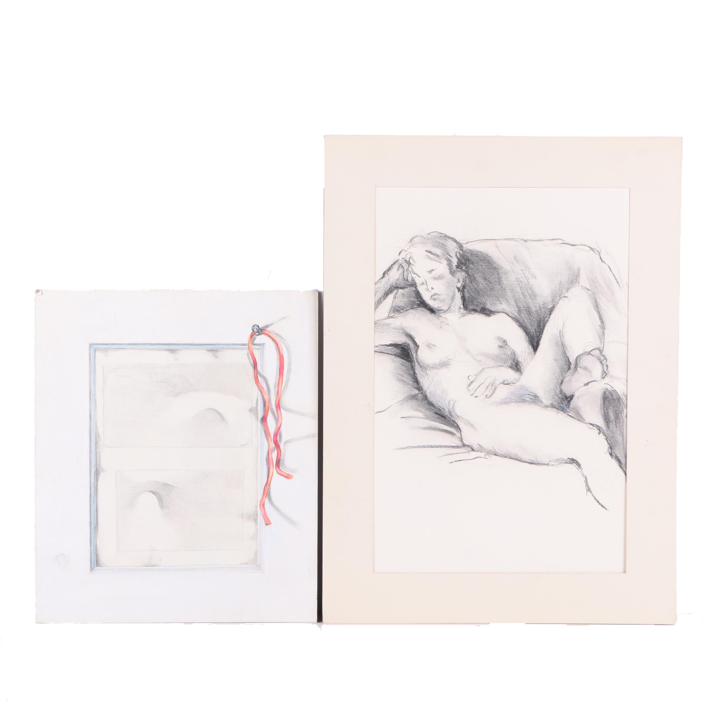 Jane W. Williams Charcoal Nude Drawing and a Charcoal and Graphite Drawing