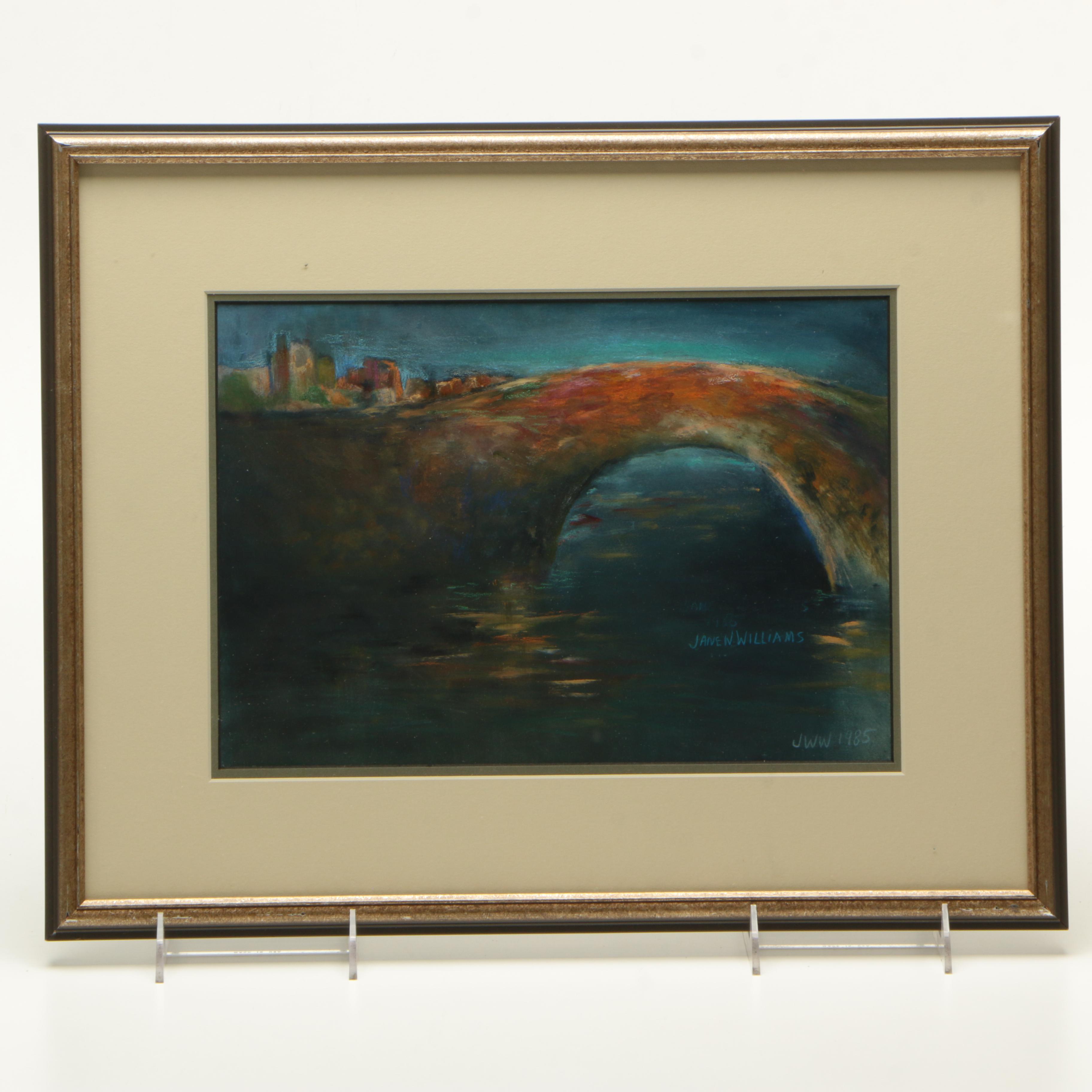 Jane W. Williams Oil on Paper "Night Bridge on The Rhone River"