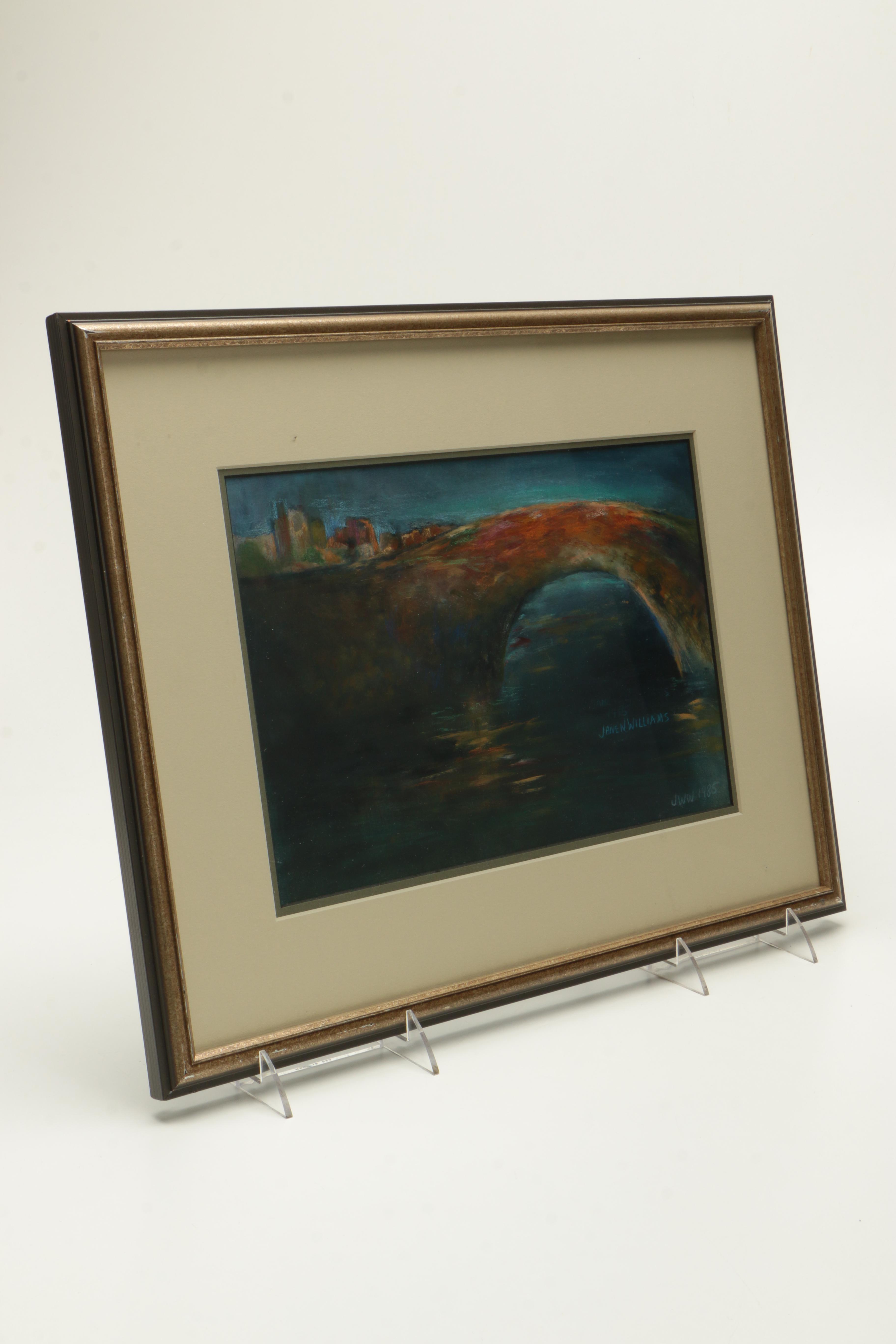 Jane W. Williams Oil on Paper "Night Bridge on The Rhone River"