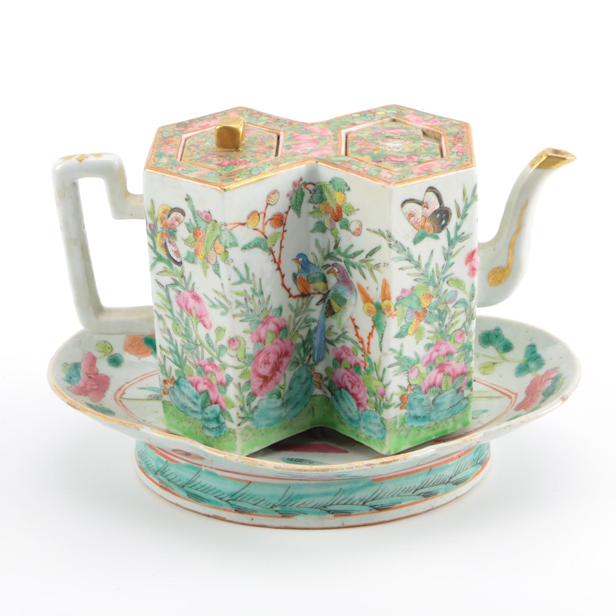 Vintage Chinese Double-Towered Teapot with Plate