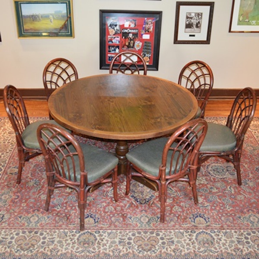 Round Game Table and Seven Bamboo Style Chairs