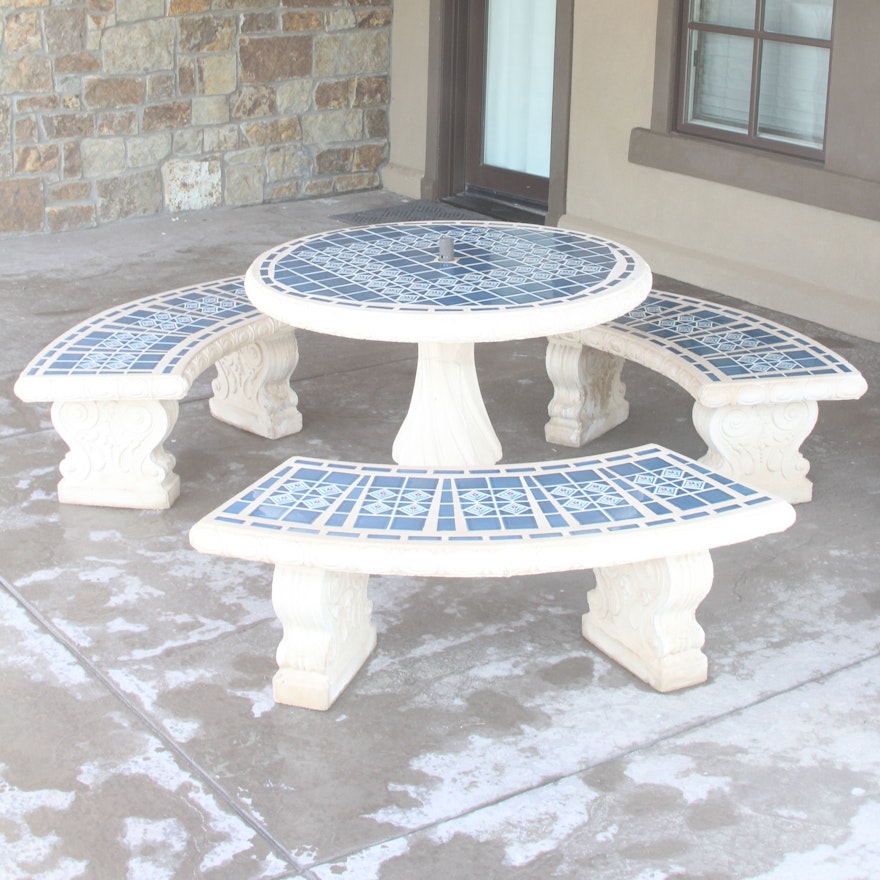 Ceramic Blue Mosaic Tile Outdoor Table and Benches