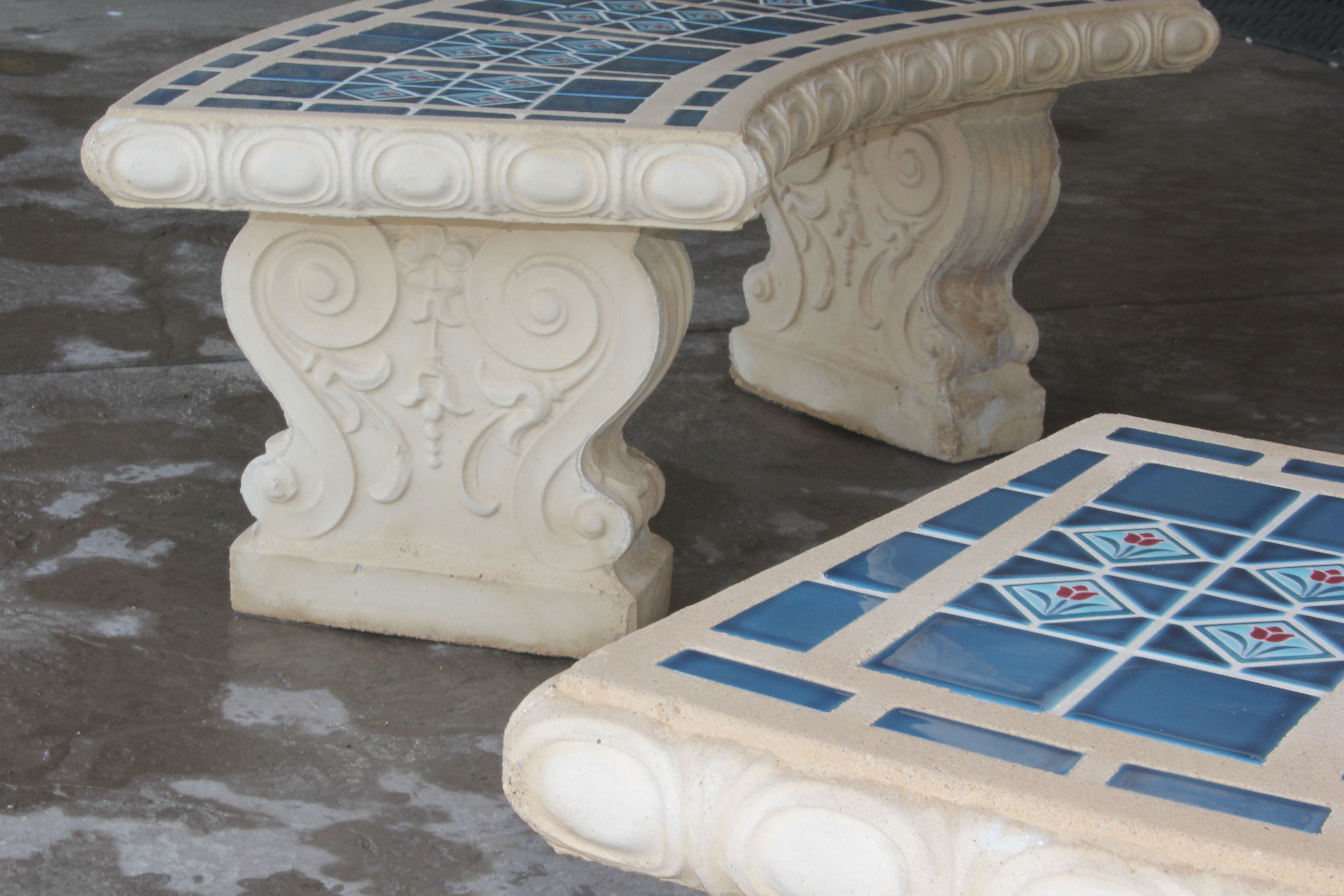 Ceramic Blue Mosaic Tile Outdoor Table and Benches