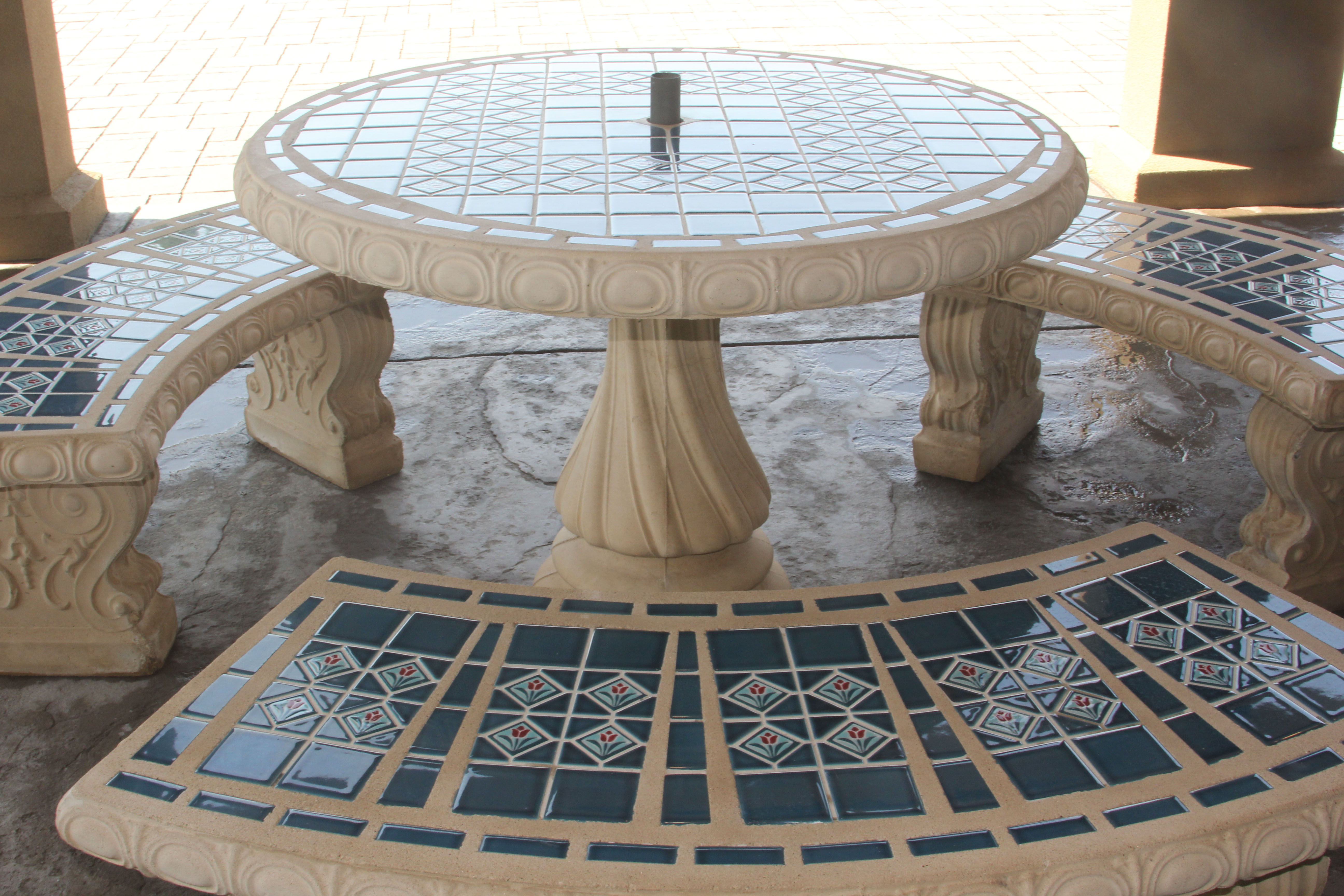 Ceramic Blue Mosaic Tile Outdoor Table and Benches