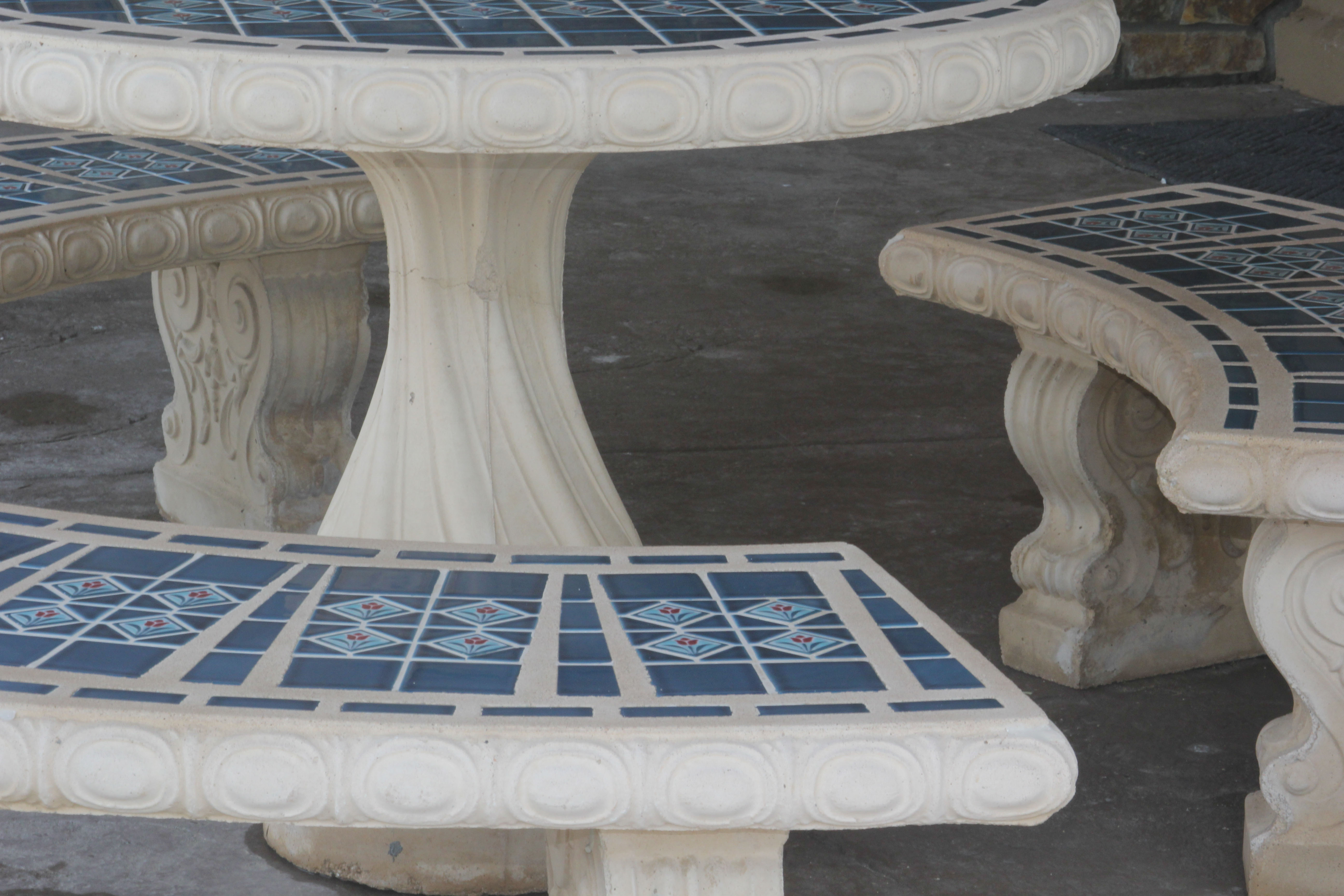 Ceramic Blue Mosaic Tile Outdoor Table and Benches