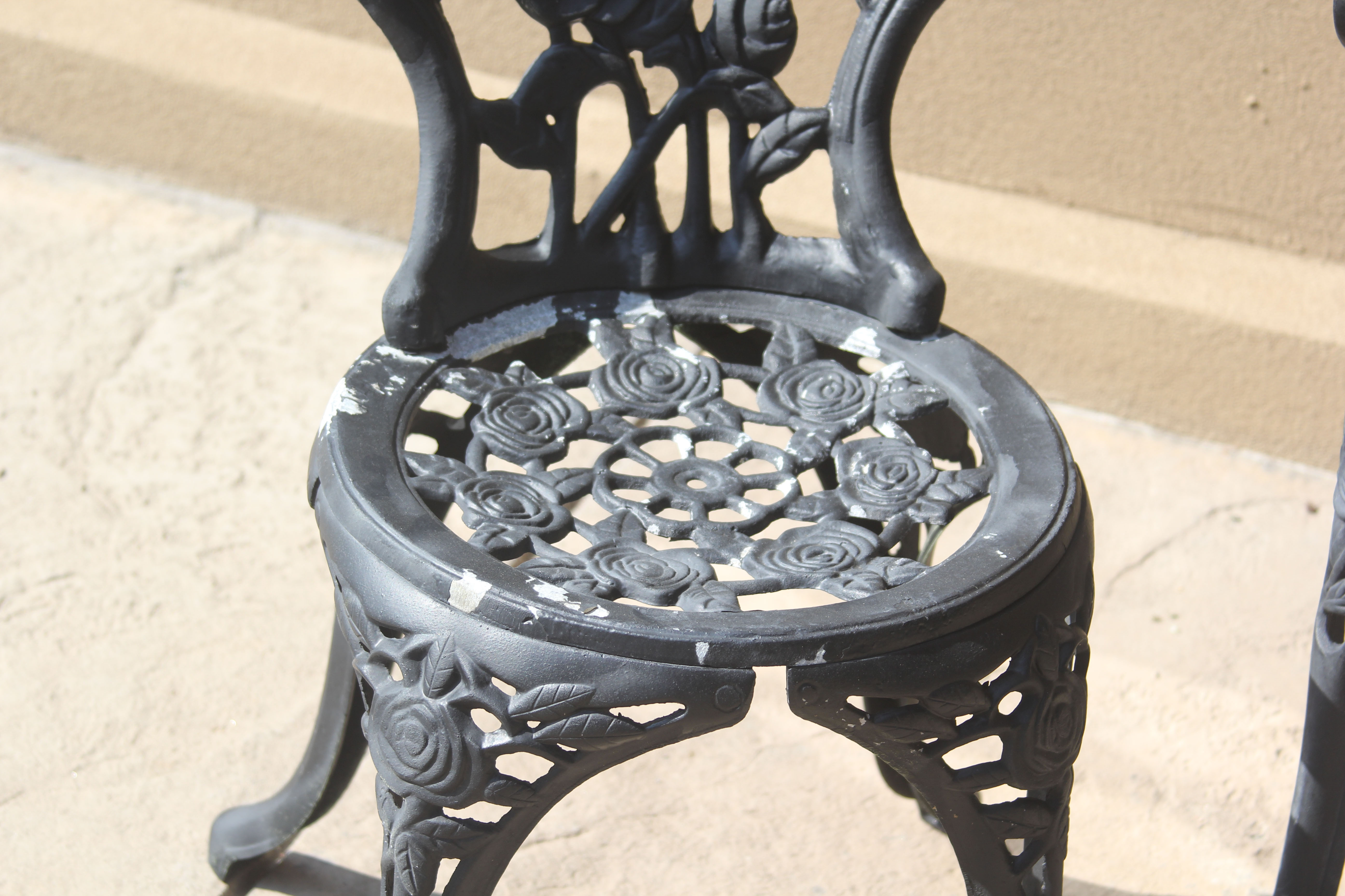 Black Painted Metal Rose Trellis Themed Patio Bench and Chairs