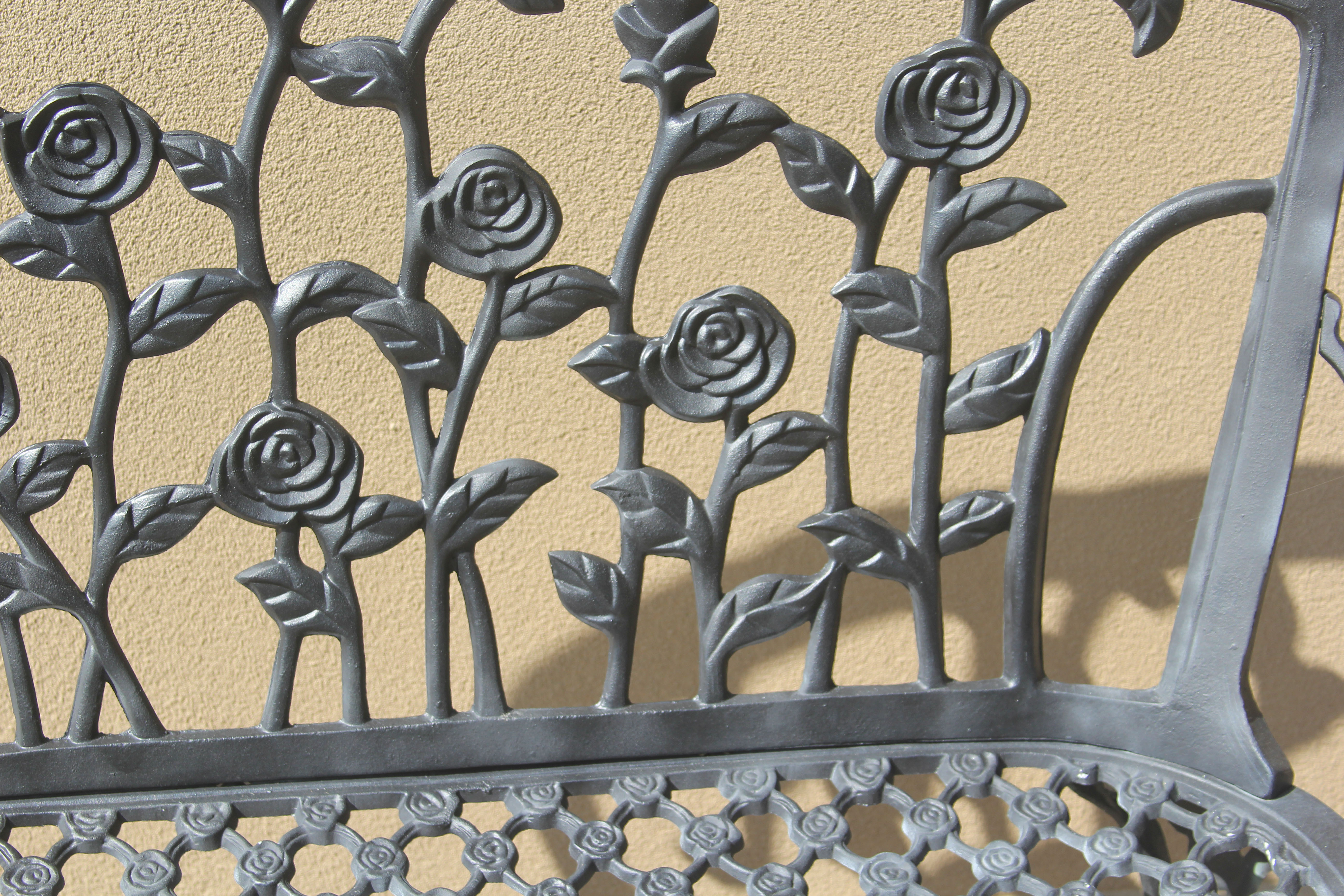 Black Painted Metal Rose Trellis Themed Patio Bench and Chairs