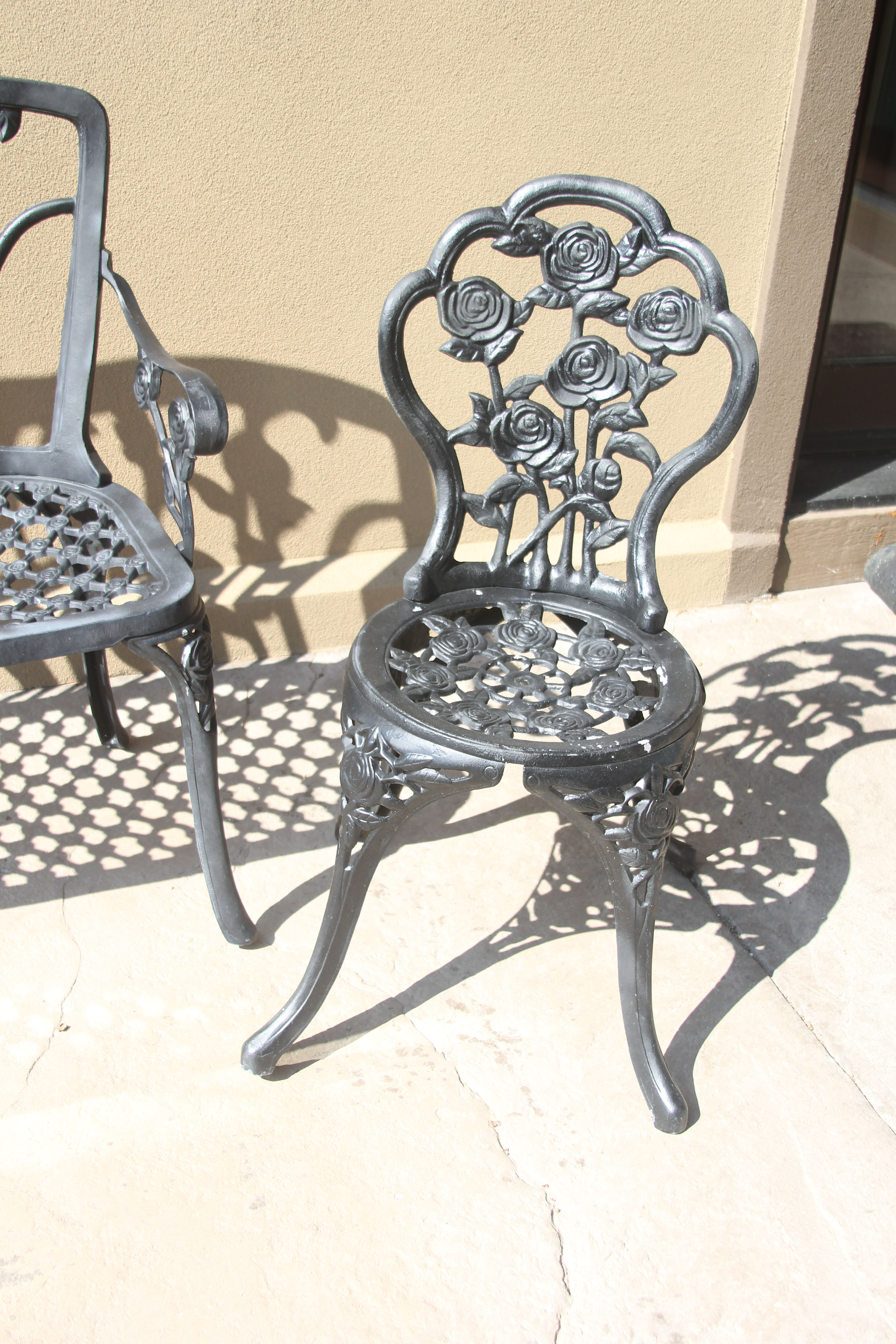 Black Painted Metal Rose Trellis Themed Patio Bench and Chairs
