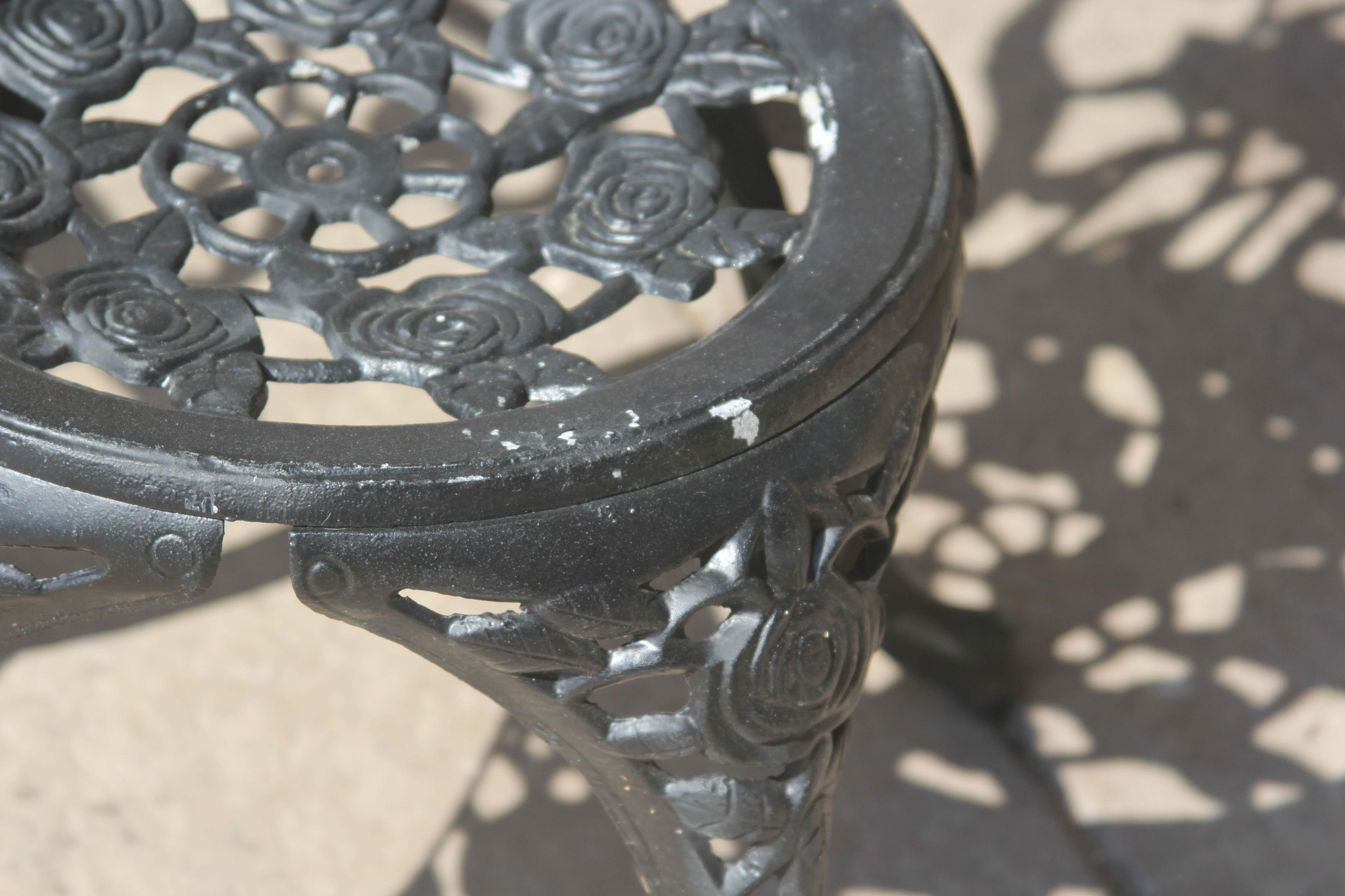 Black Painted Metal Rose Trellis Themed Patio Bench and Chairs