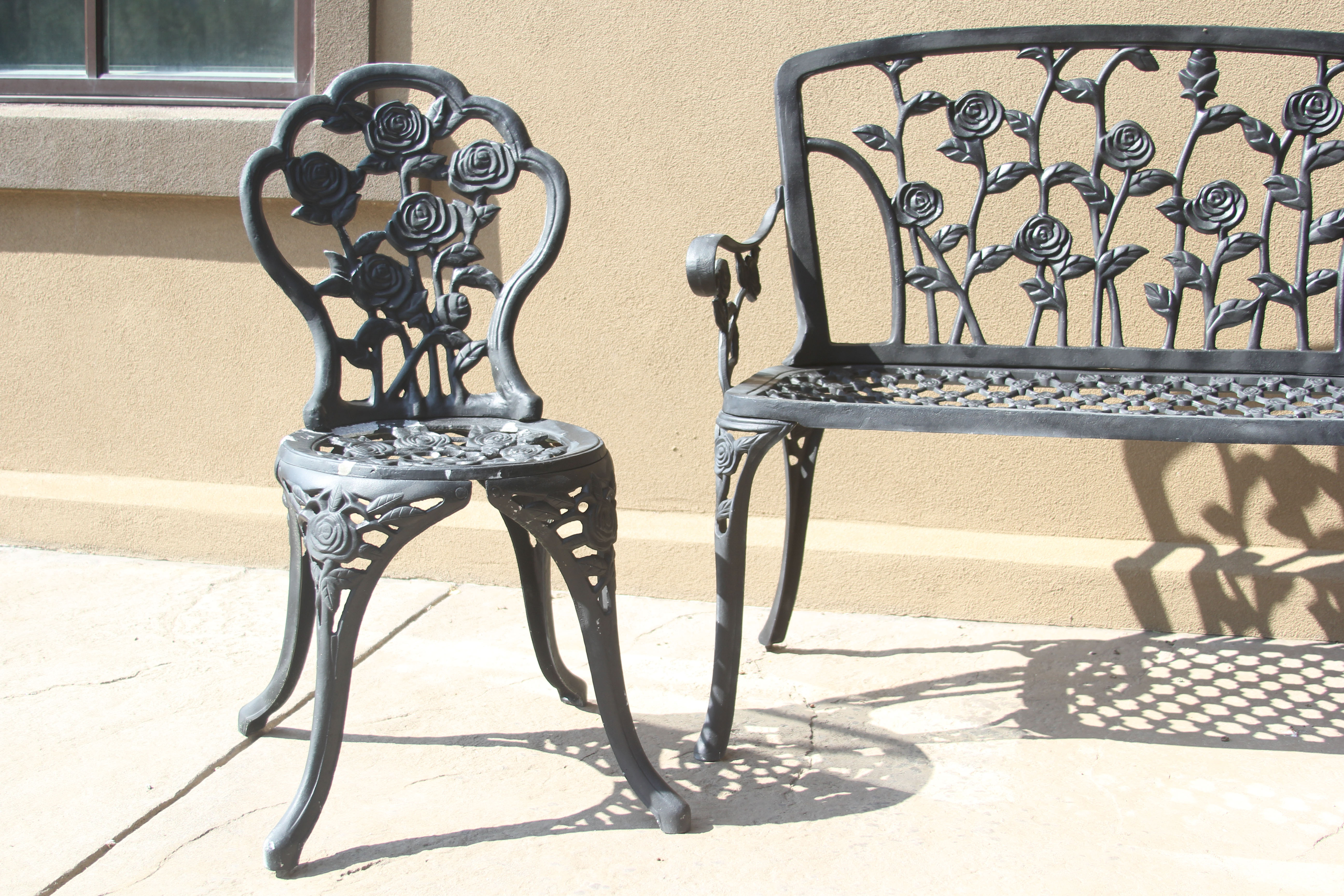 Black Painted Metal Rose Trellis Themed Patio Bench and Chairs