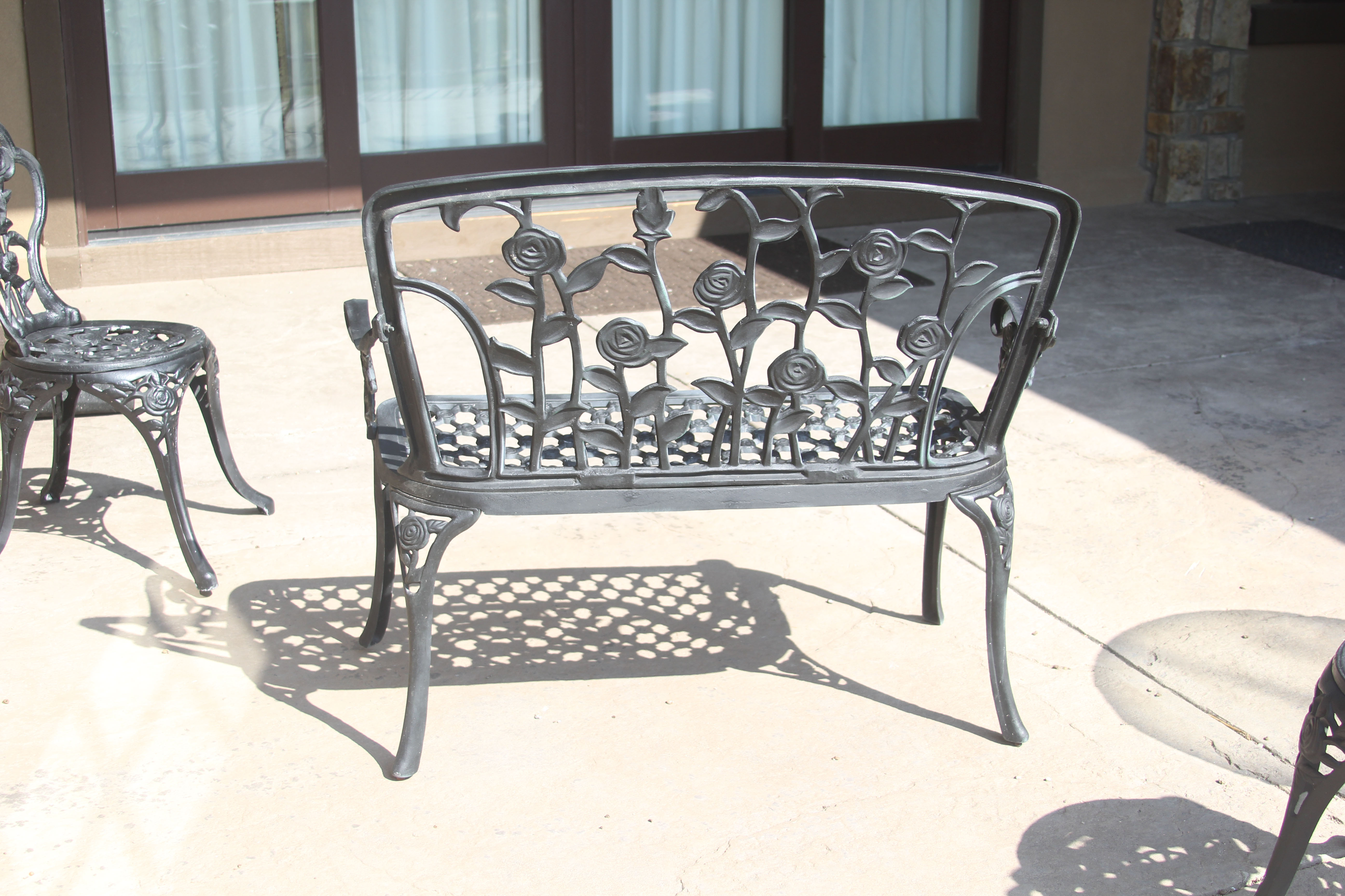 Black Painted Metal Rose Trellis Themed Patio Bench and Chairs