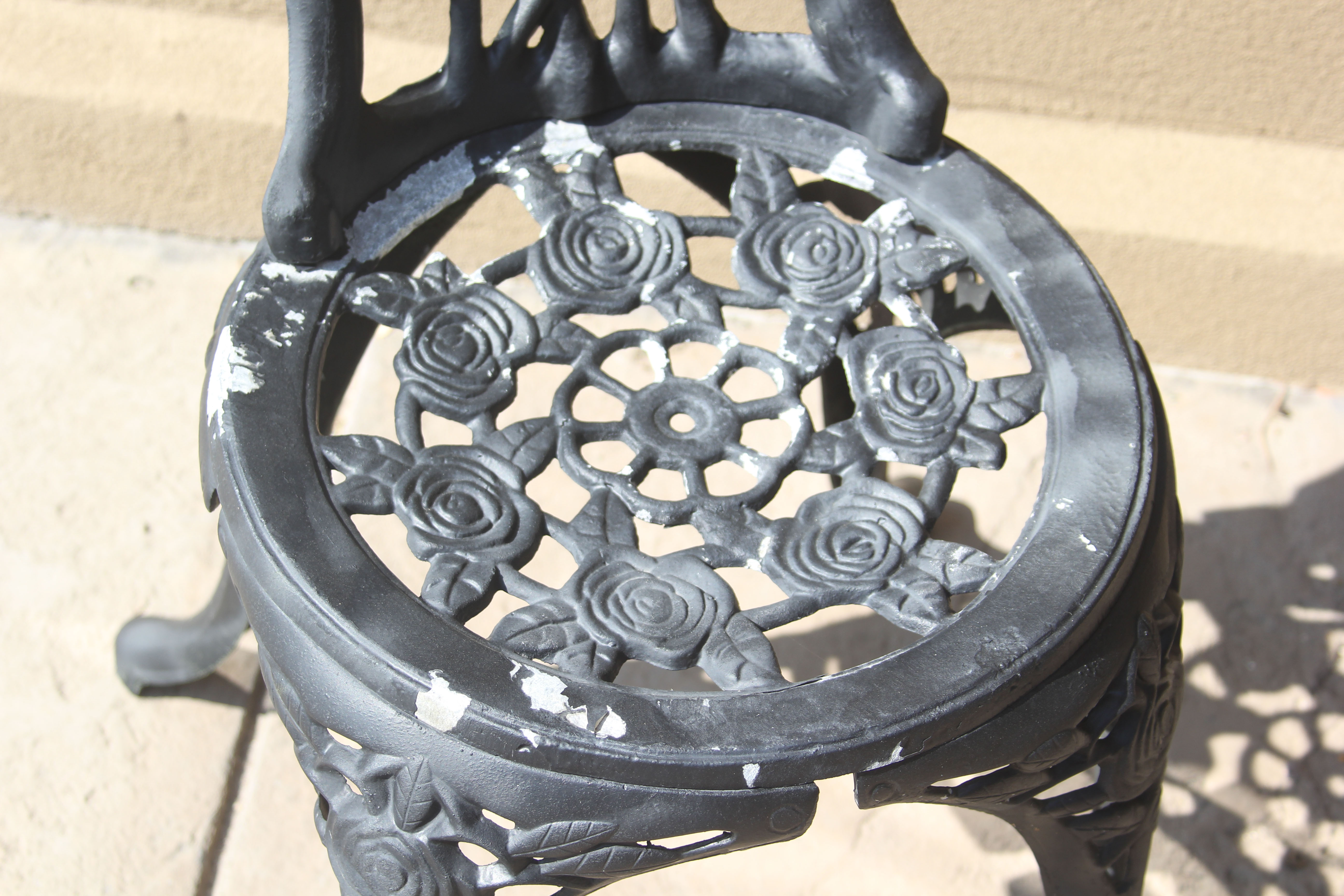 Black Painted Metal Rose Trellis Themed Patio Bench and Chairs