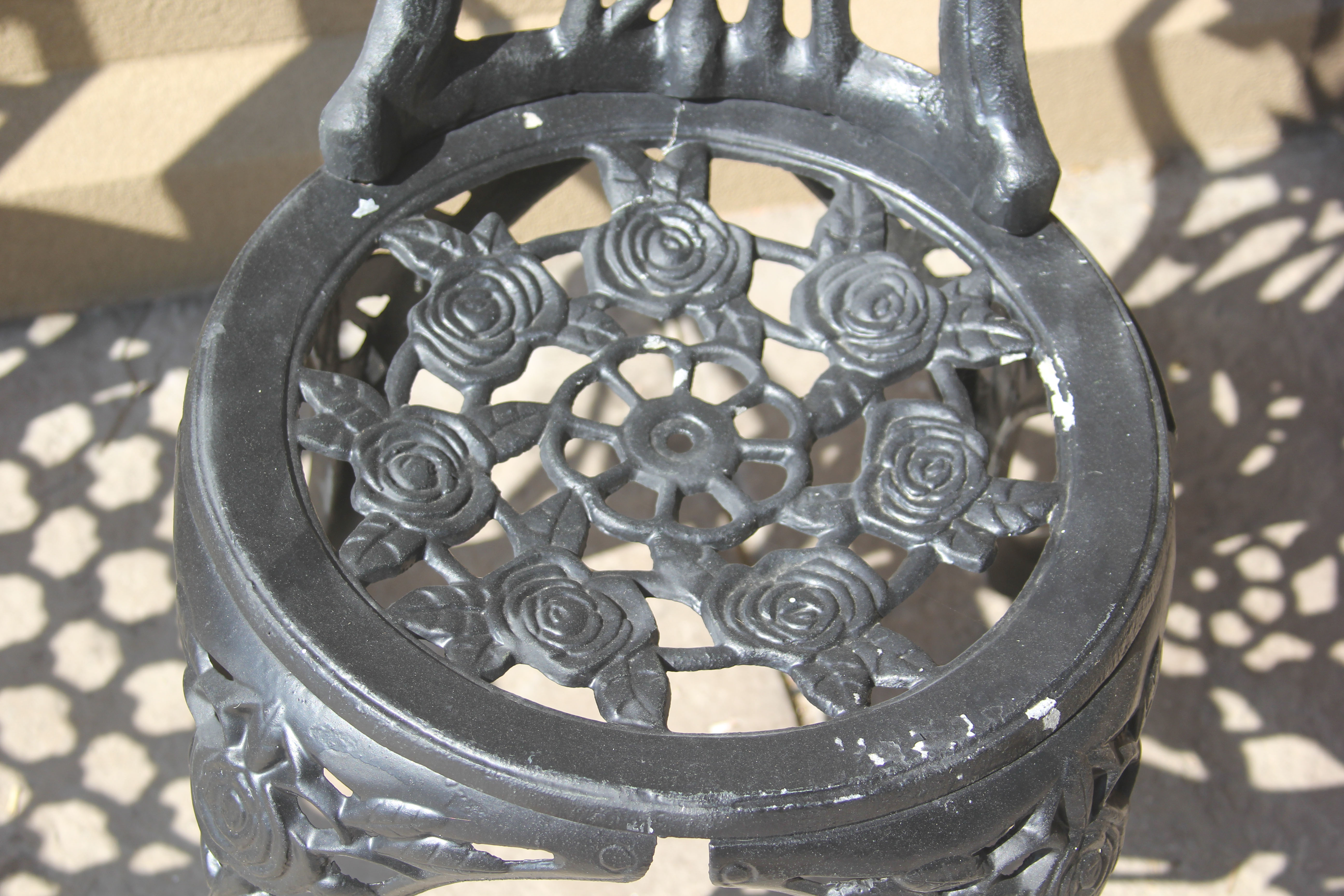 Black Painted Metal Rose Trellis Themed Patio Bench and Chairs