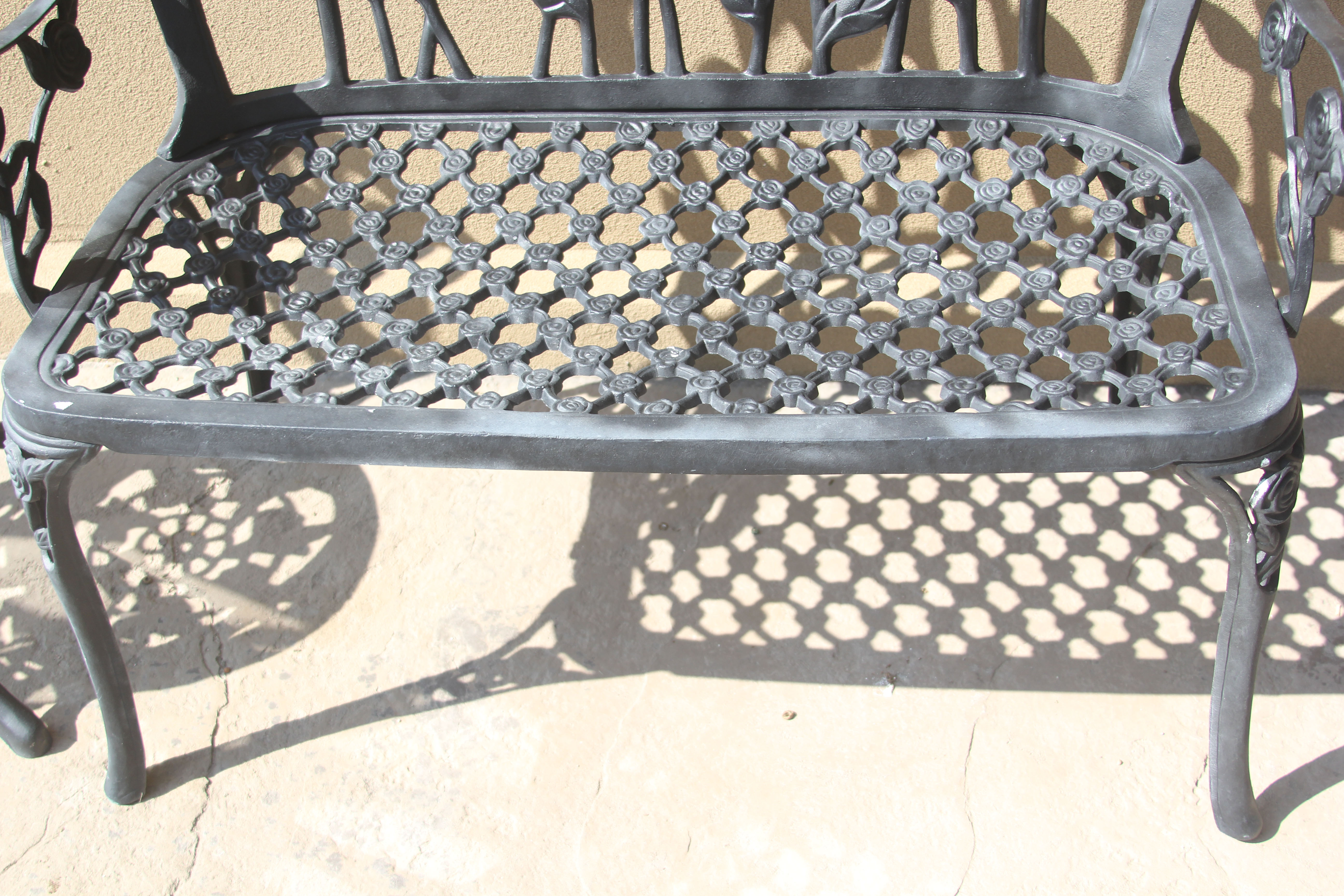 Black Painted Metal Rose Trellis Themed Patio Bench and Chairs
