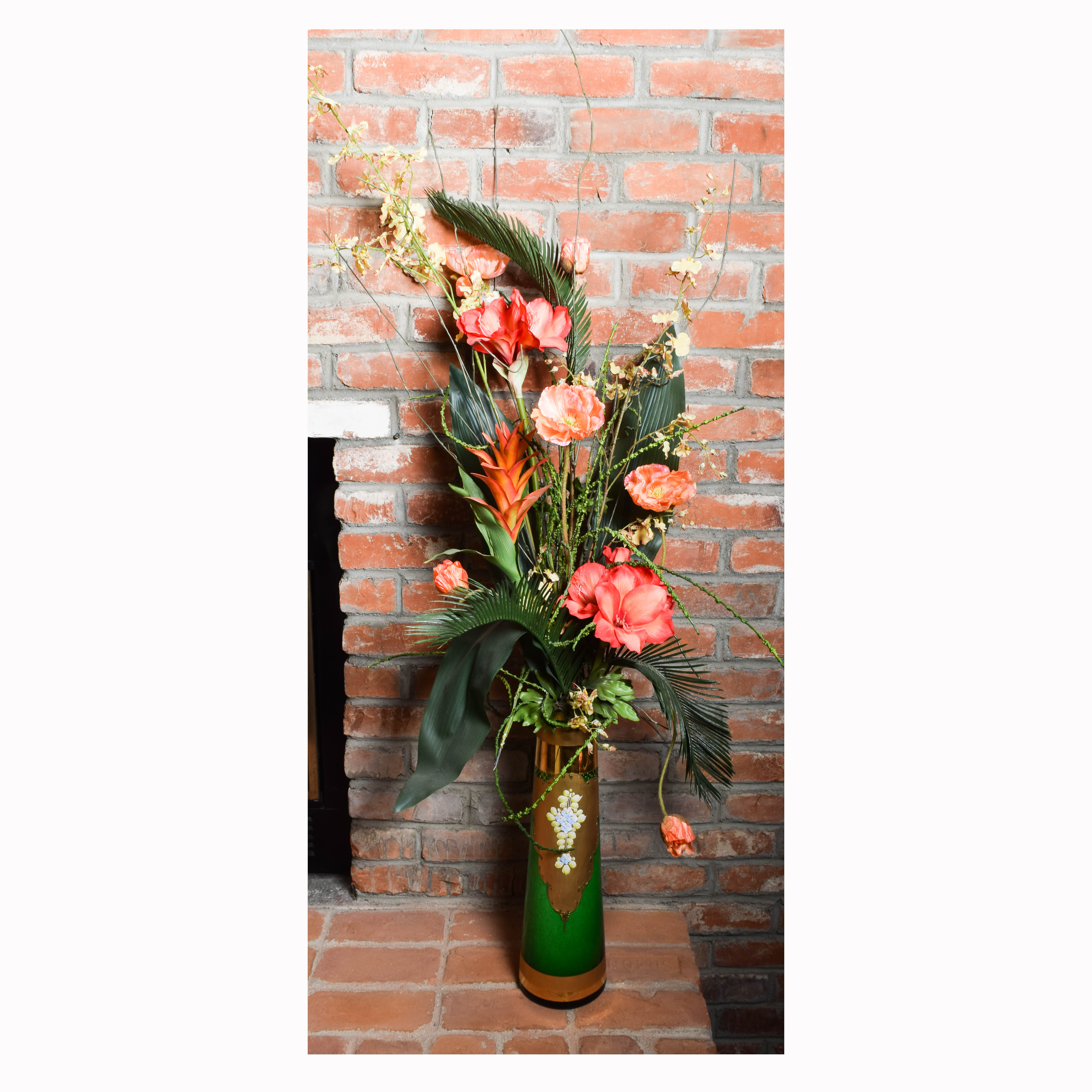 Art Nouveau Hand Painted Glass Floor Vase with Artificial Floral Arrangement