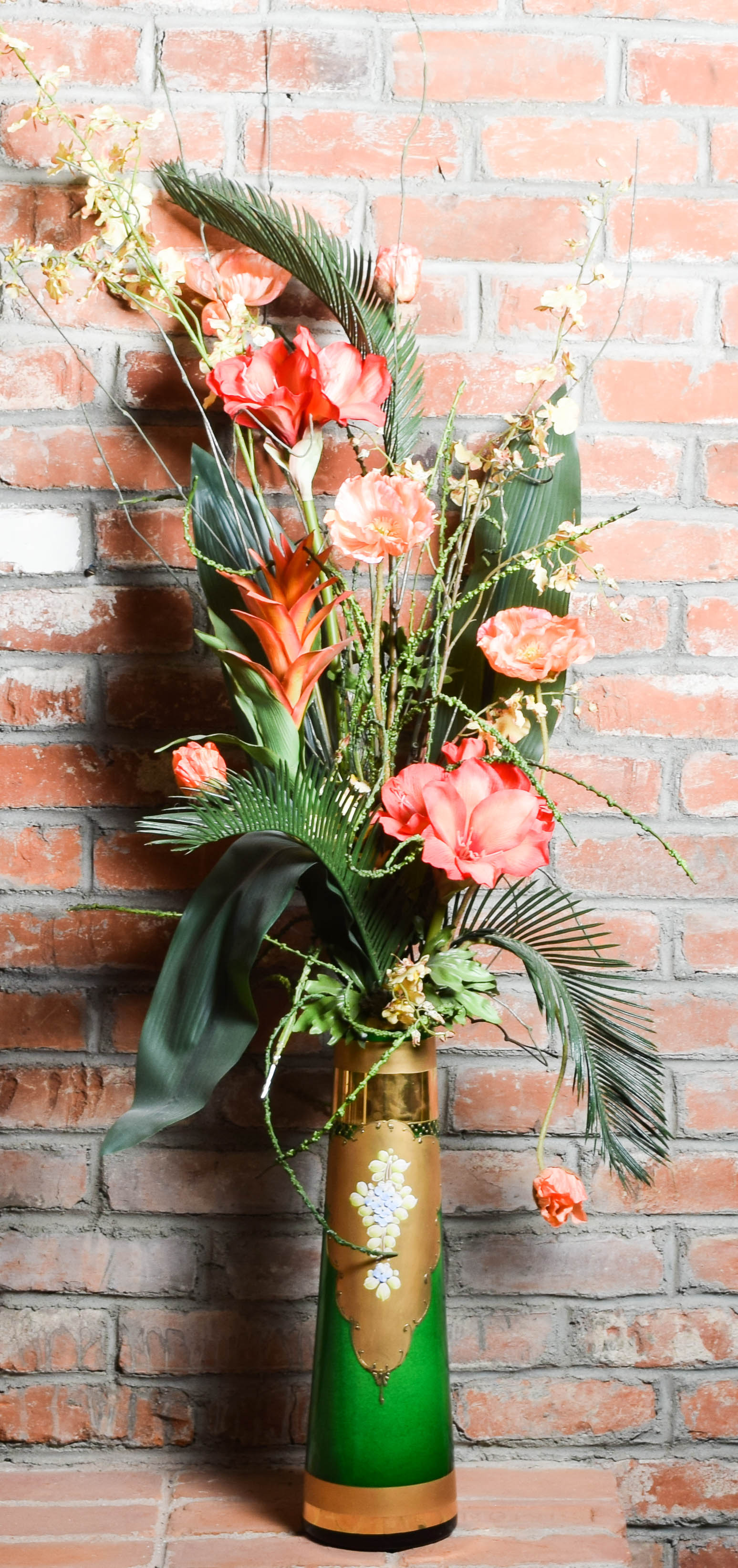 Art Nouveau Hand Painted Glass Floor Vase with Artificial Floral Arrangement