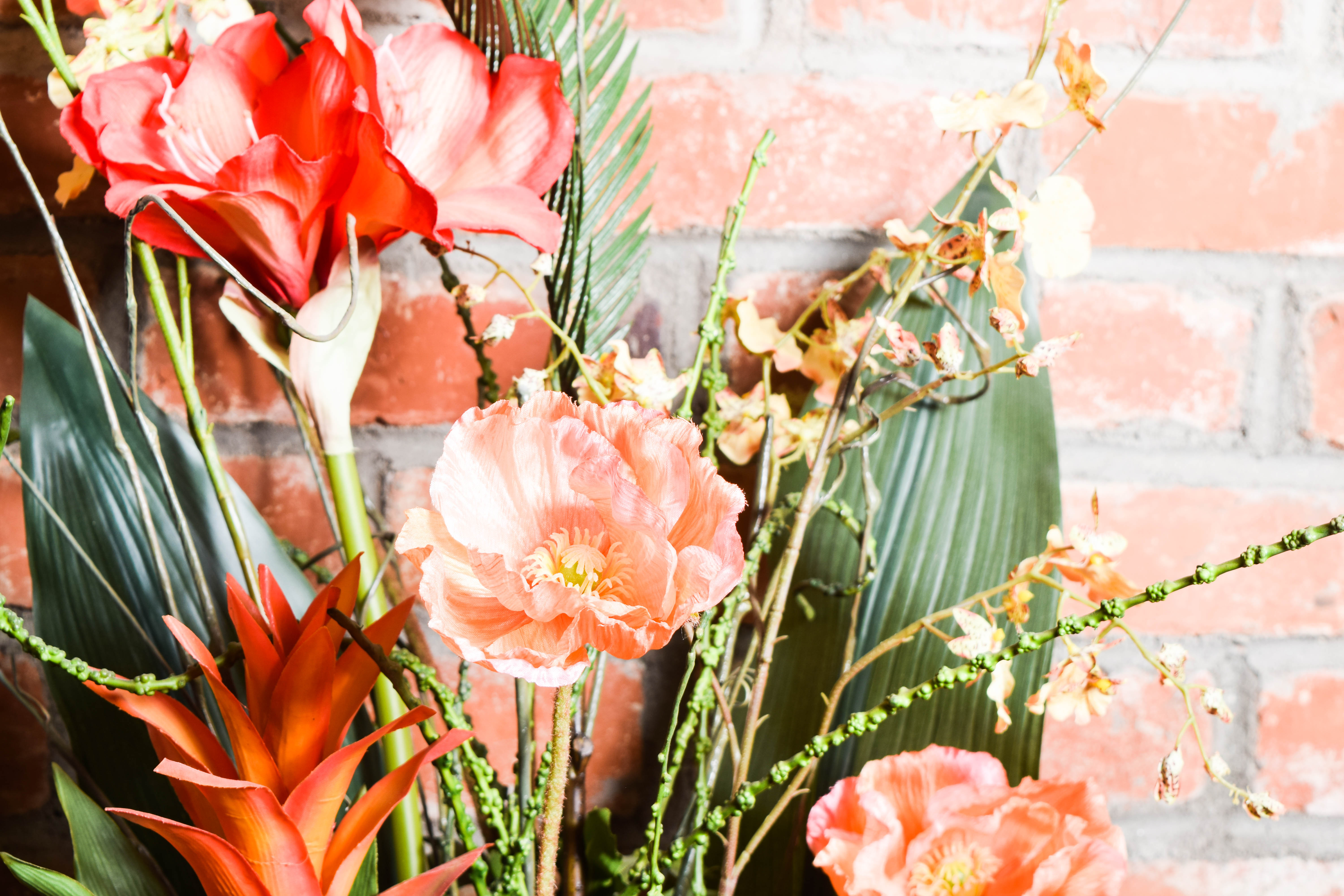Art Nouveau Hand Painted Glass Floor Vase with Artificial Floral Arrangement
