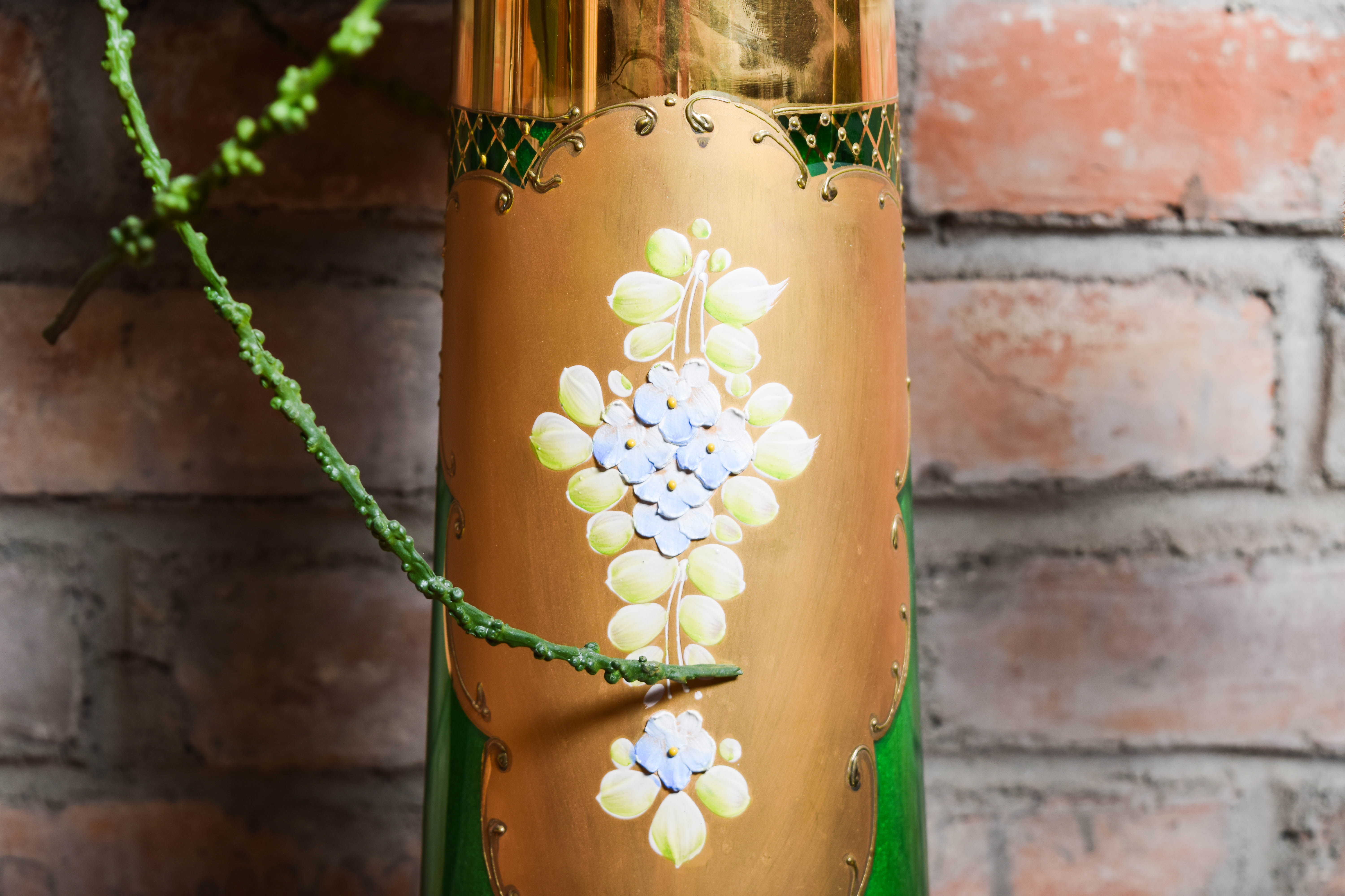 Art Nouveau Hand Painted Glass Floor Vase with Artificial Floral Arrangement