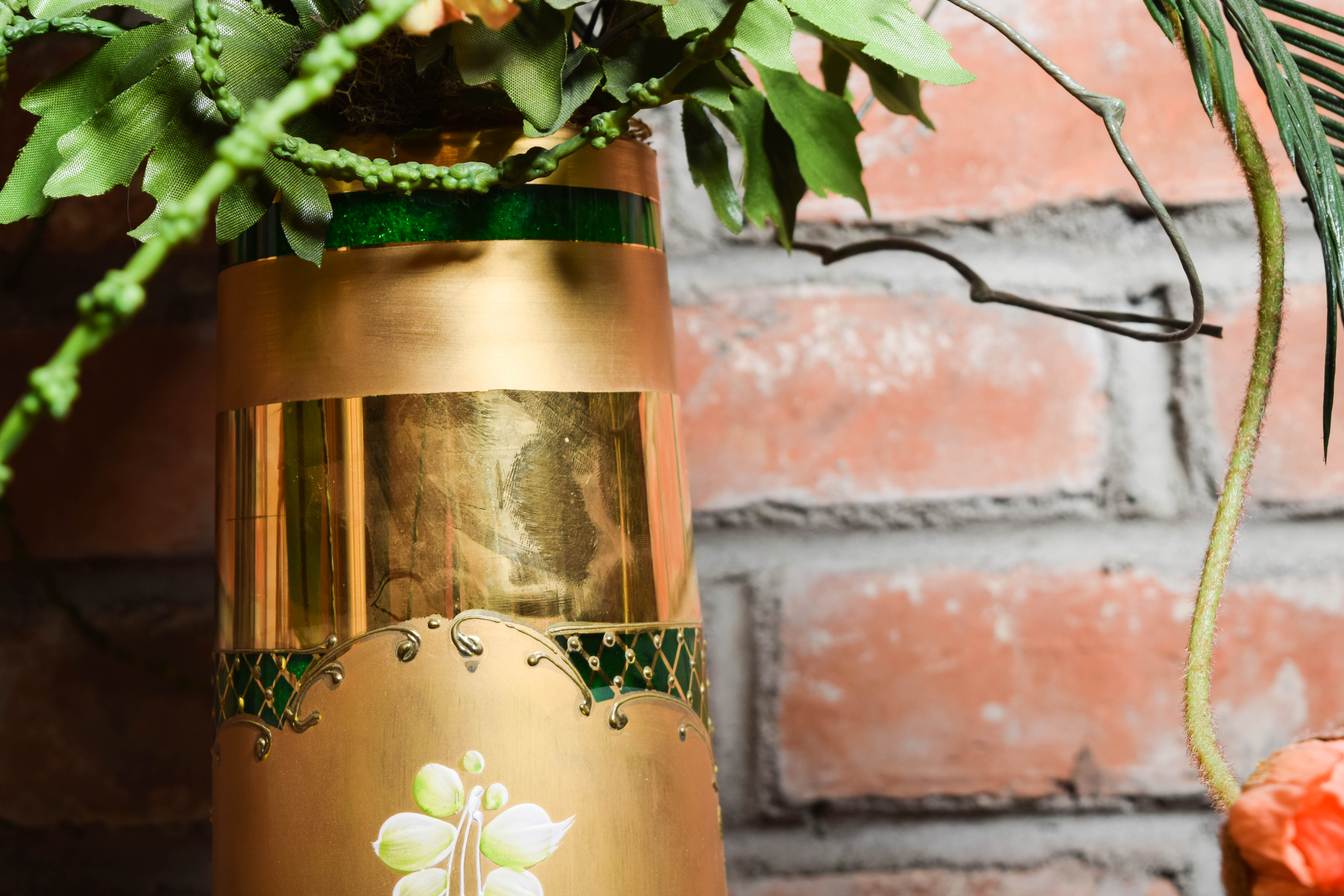 Art Nouveau Hand Painted Glass Floor Vase with Artificial Floral Arrangement