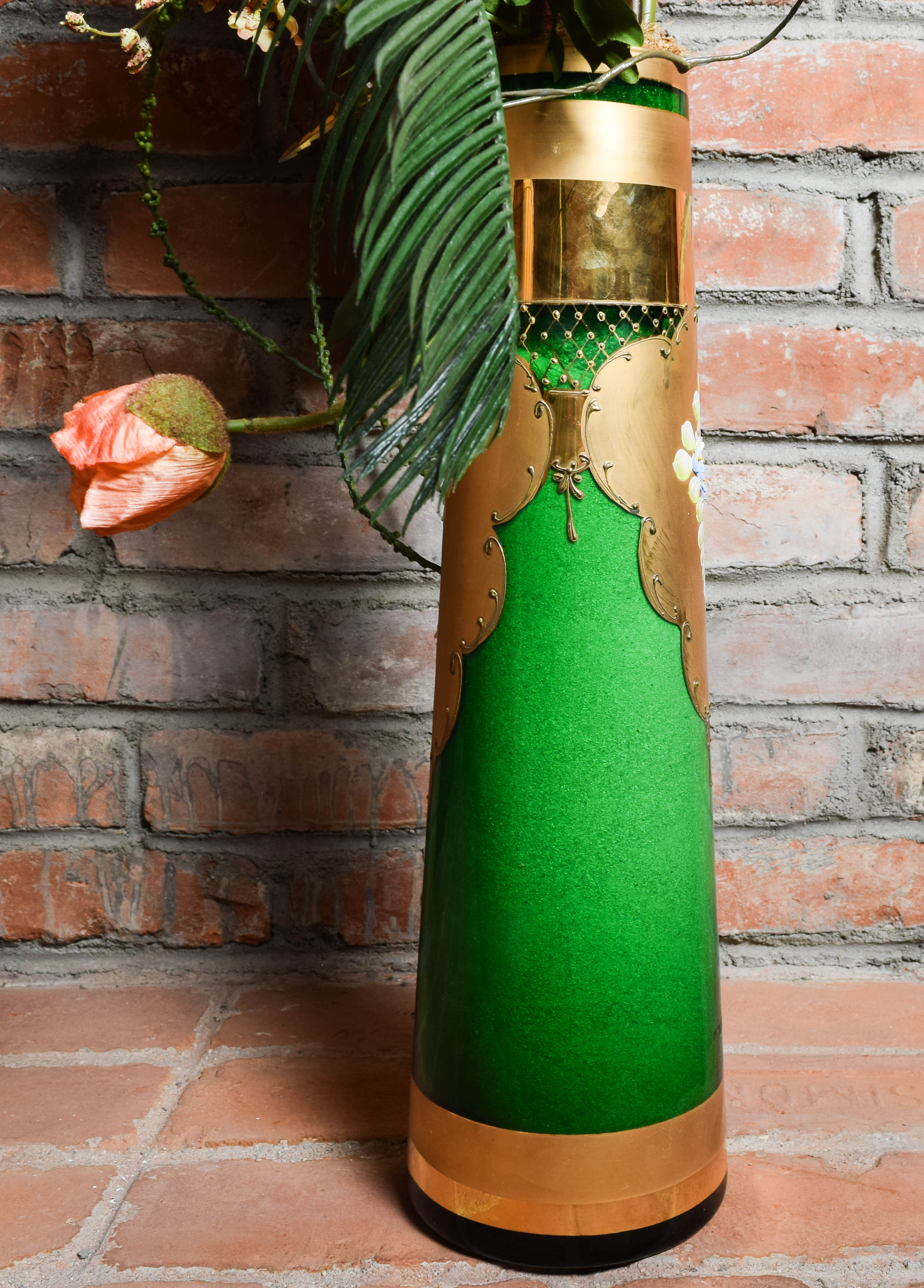 Art Nouveau Hand Painted Glass Floor Vase with Artificial Floral Arrangement