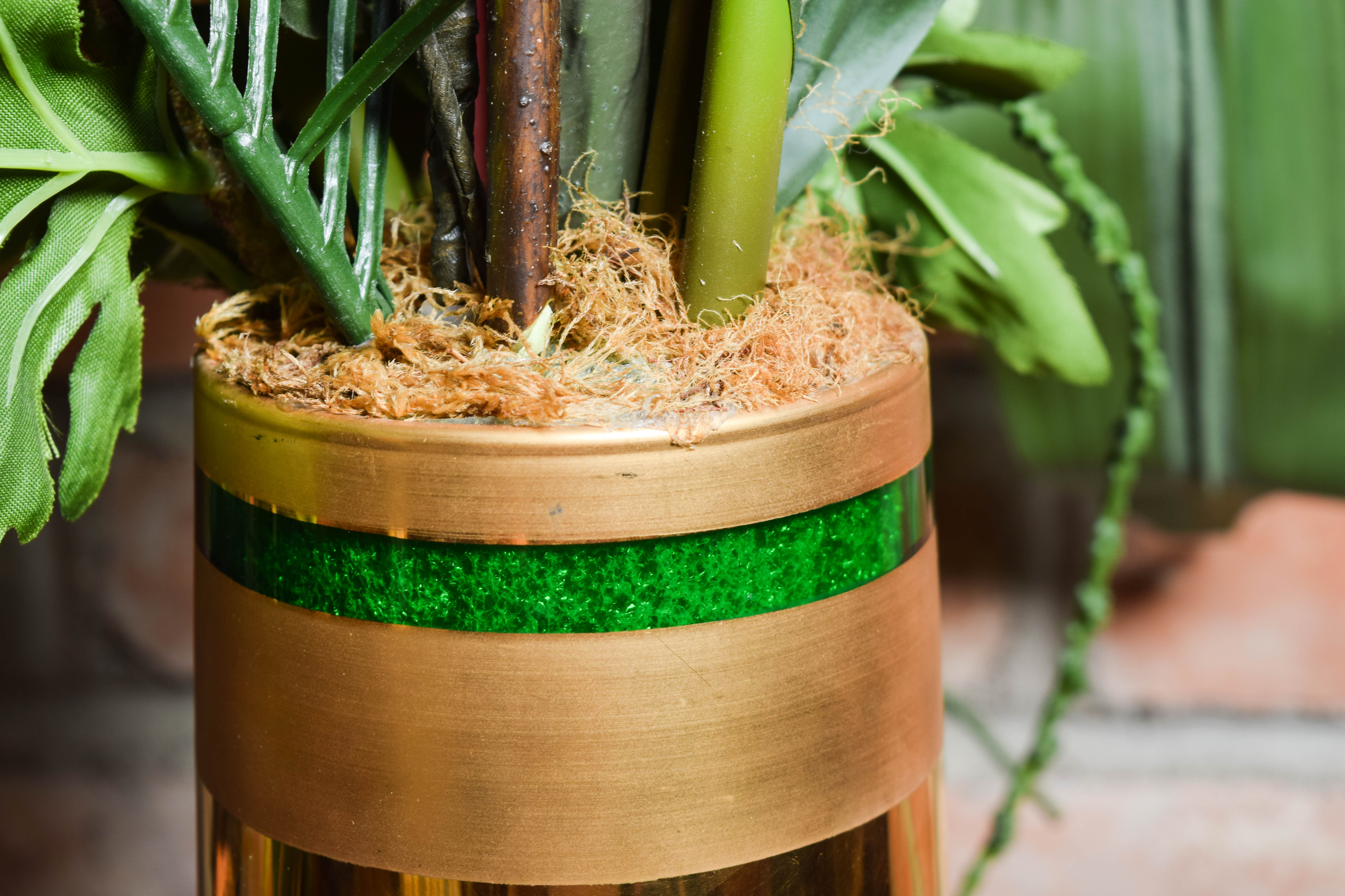 Art Nouveau Hand Painted Glass Floor Vase with Artificial Floral Arrangement