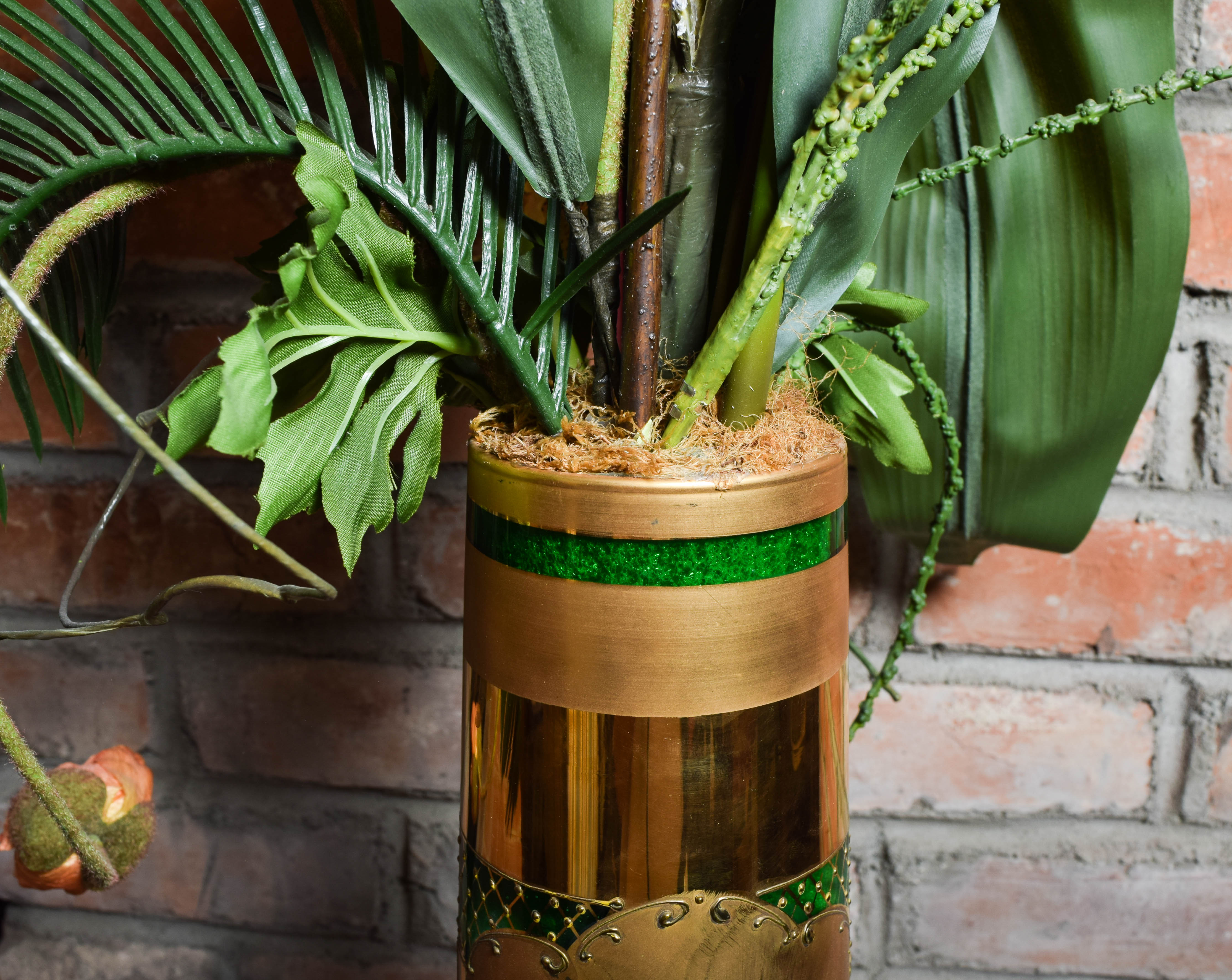 Art Nouveau Hand Painted Glass Floor Vase with Artificial Floral Arrangement