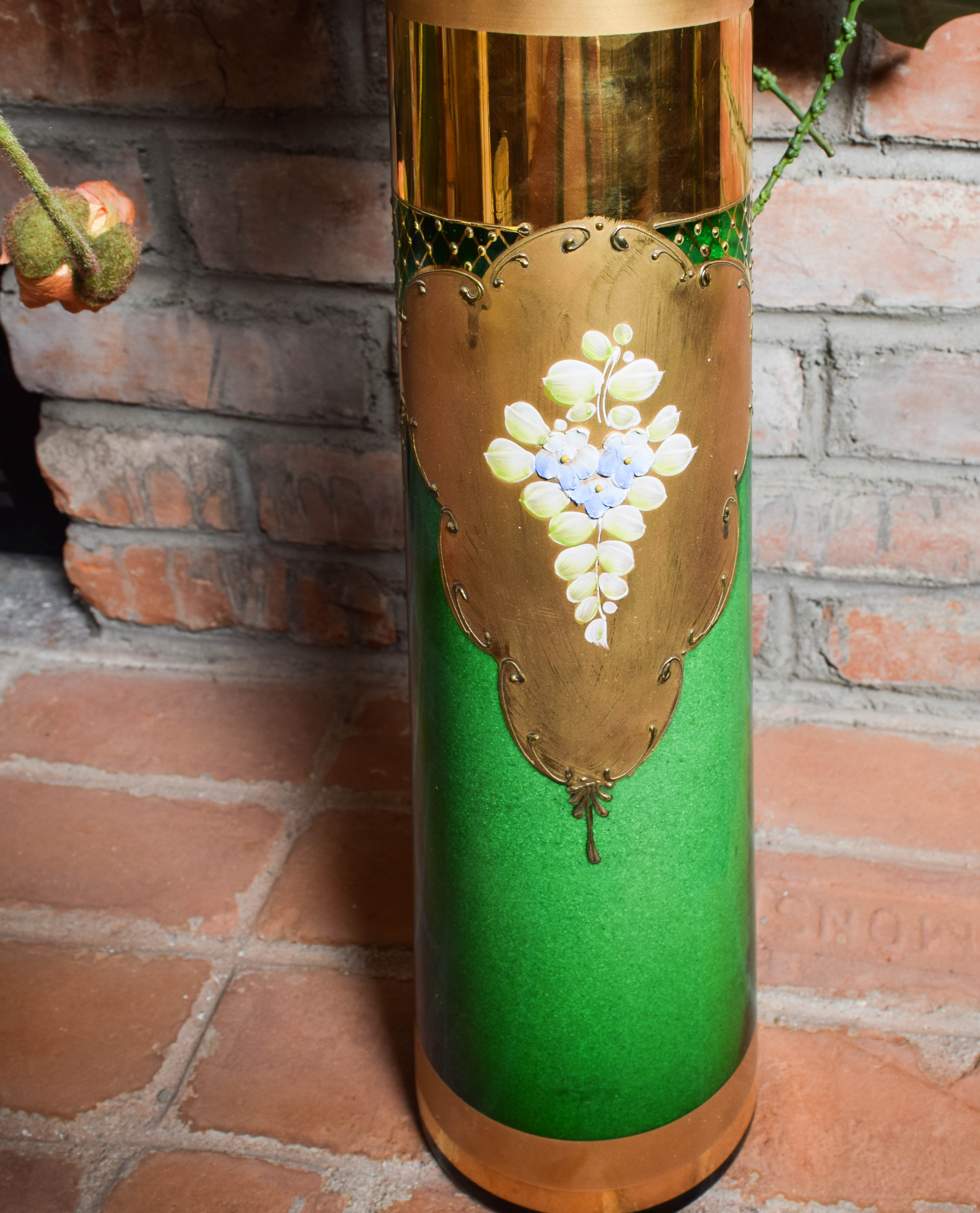 Art Nouveau Hand Painted Glass Floor Vase with Artificial Floral Arrangement