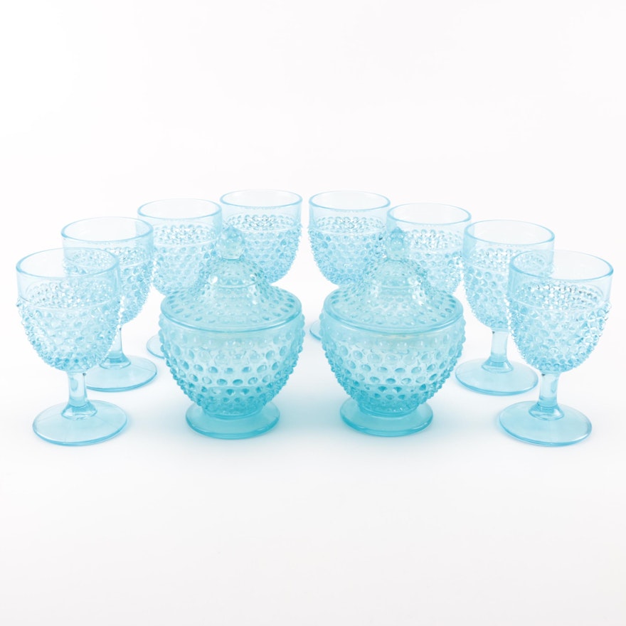 Set of Turquoise Hobnail Glassware