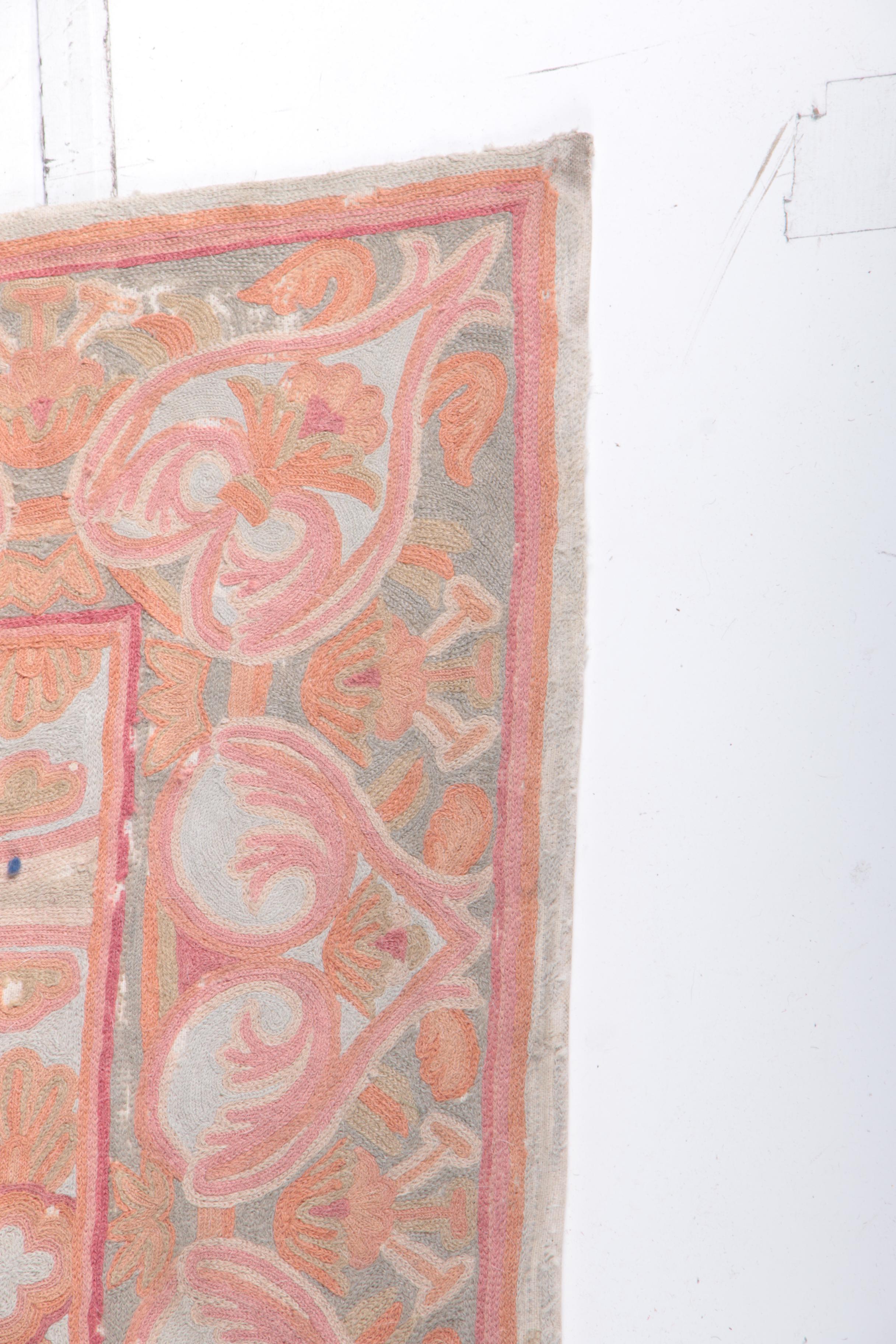 Vintage Crewel Embroidered Wool Indian Area Rug