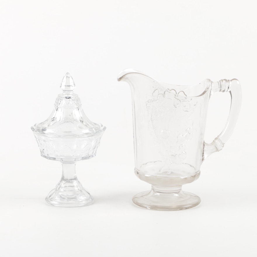 Vintage Pressed Glass Pitcher and Lidded Candy Dish