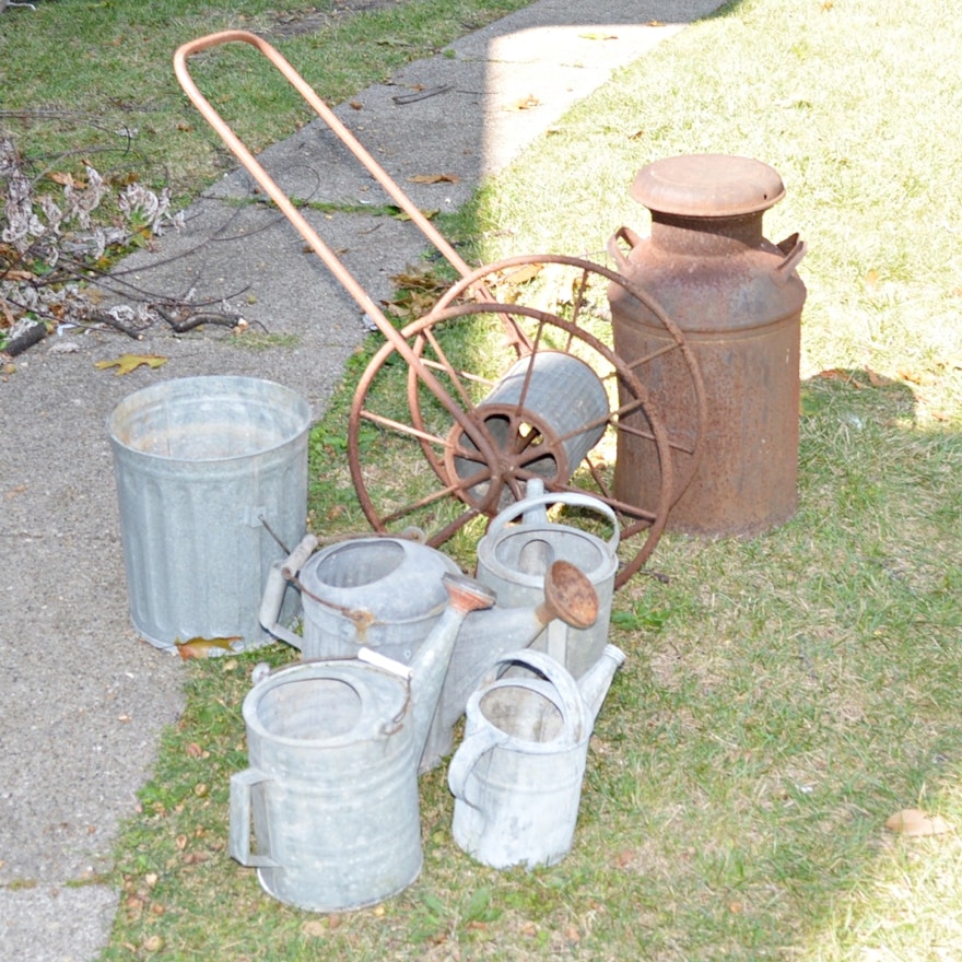 Vintage Milk Can, Hose Reel, Galvanized Bucket and Watering Cans