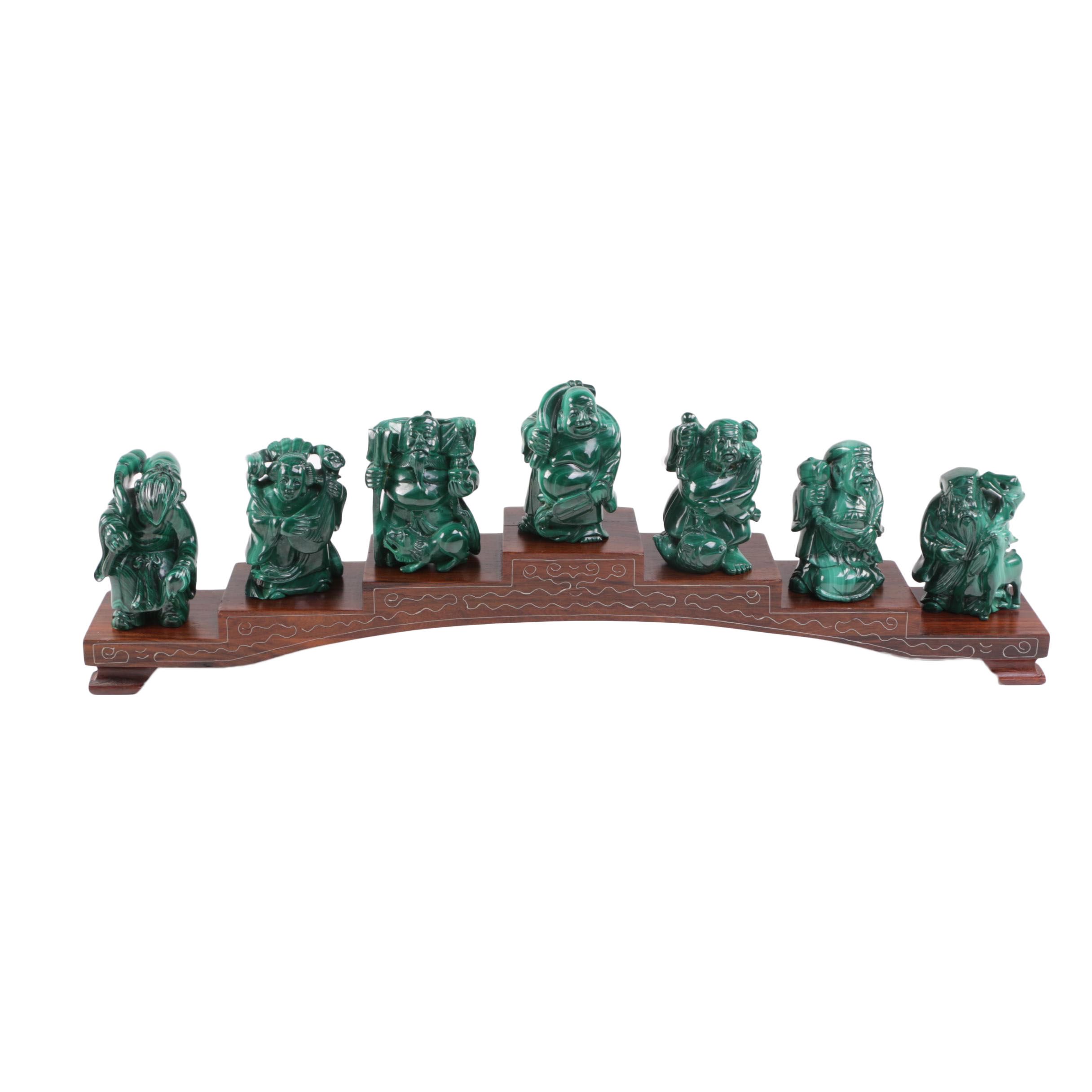 Japanese Carved Malachite Seven Lucky Gods Netsuke Set