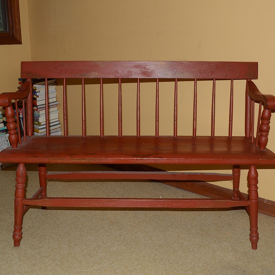 Vintage Red Painted Windsor Style Bench