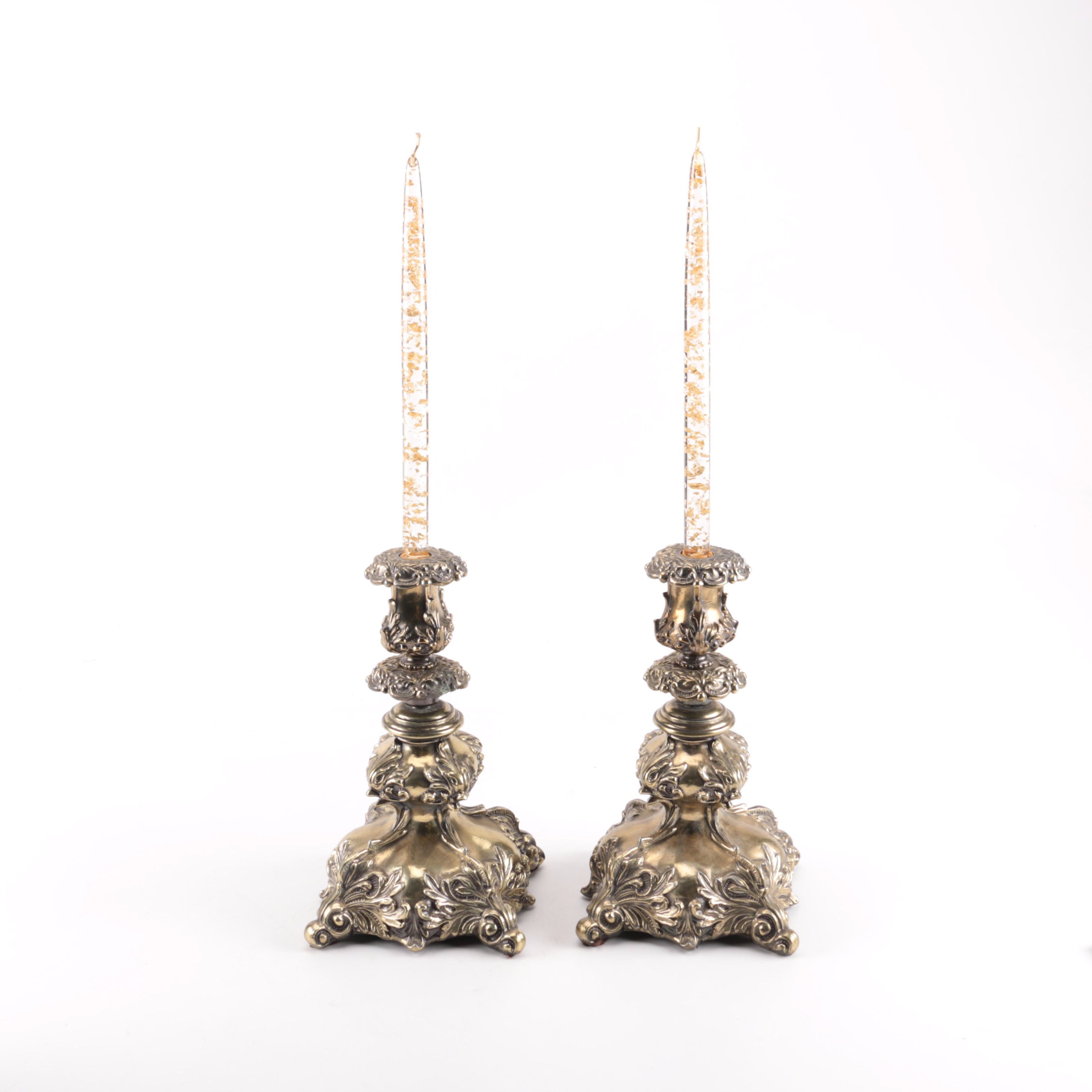 Pair of Brass Candle Holders and Gold Tone Flake Clear Acrylic Faux Candles