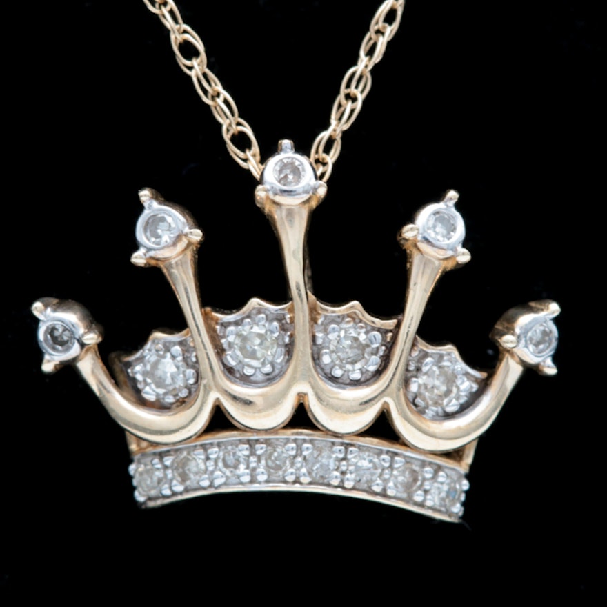 10K Yellow Gold Diamond Crown Pendant Necklace