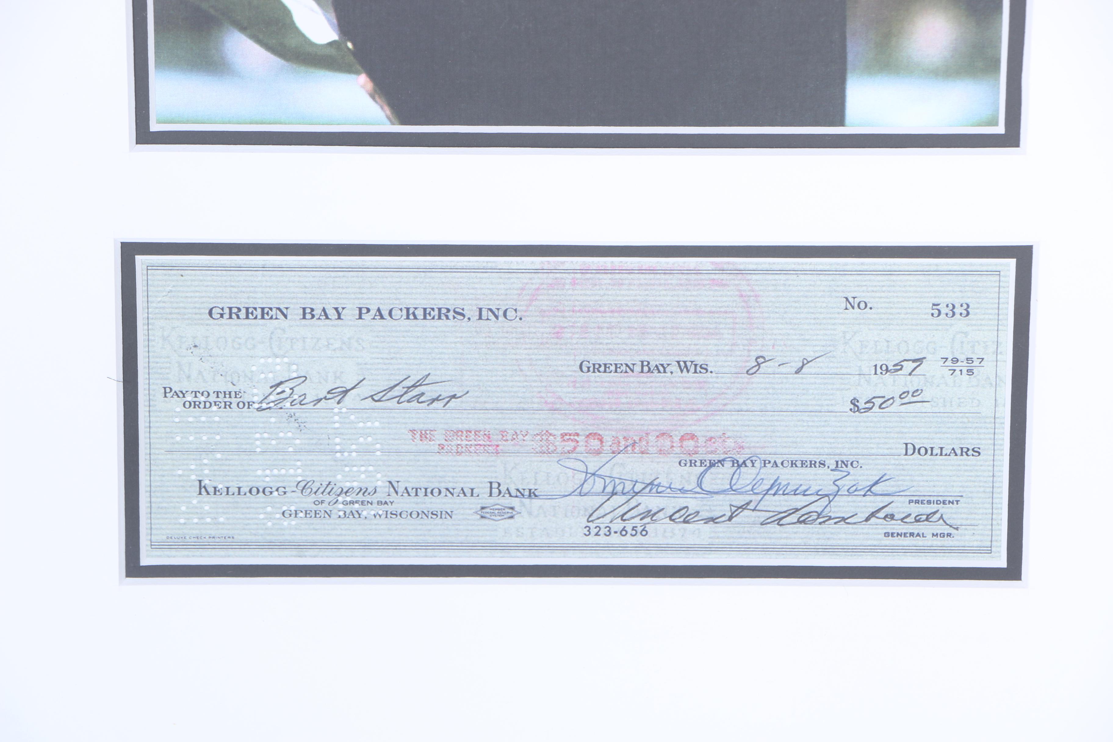 Offset Lithograph of Vince Lombardi Photograph and Check