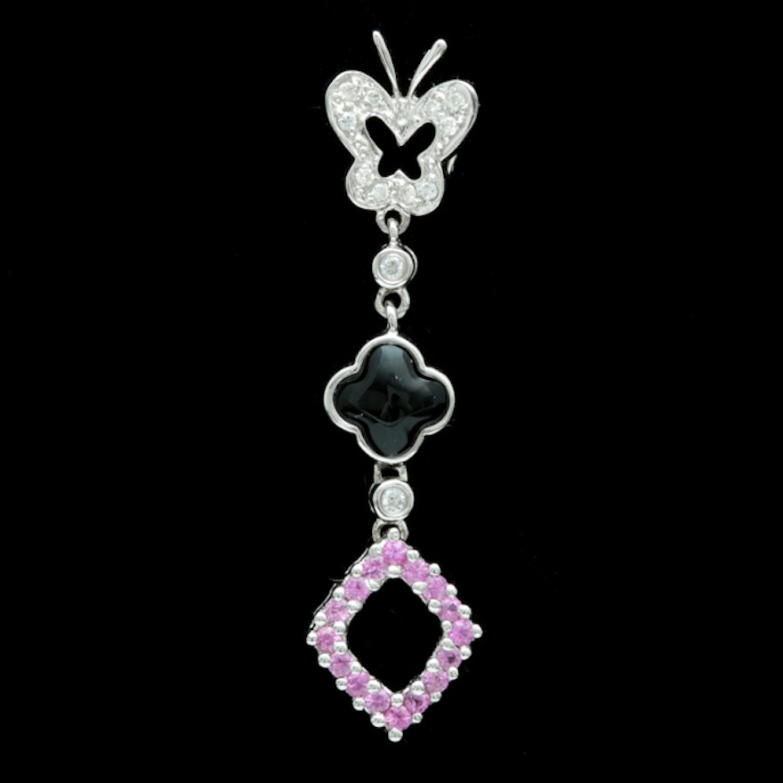 14K White Gold Black Chalcedony, Pink Sapphire, and Diamond Pendant