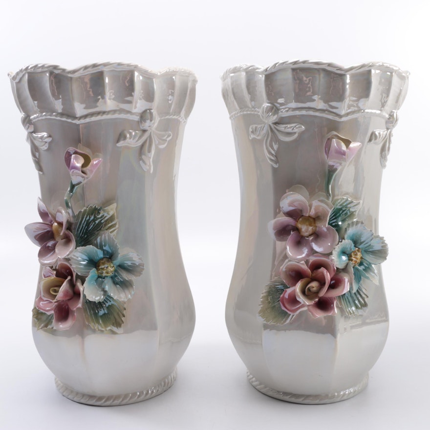 Pair of Italian Capodimonte Iridescent Porcelain Vases