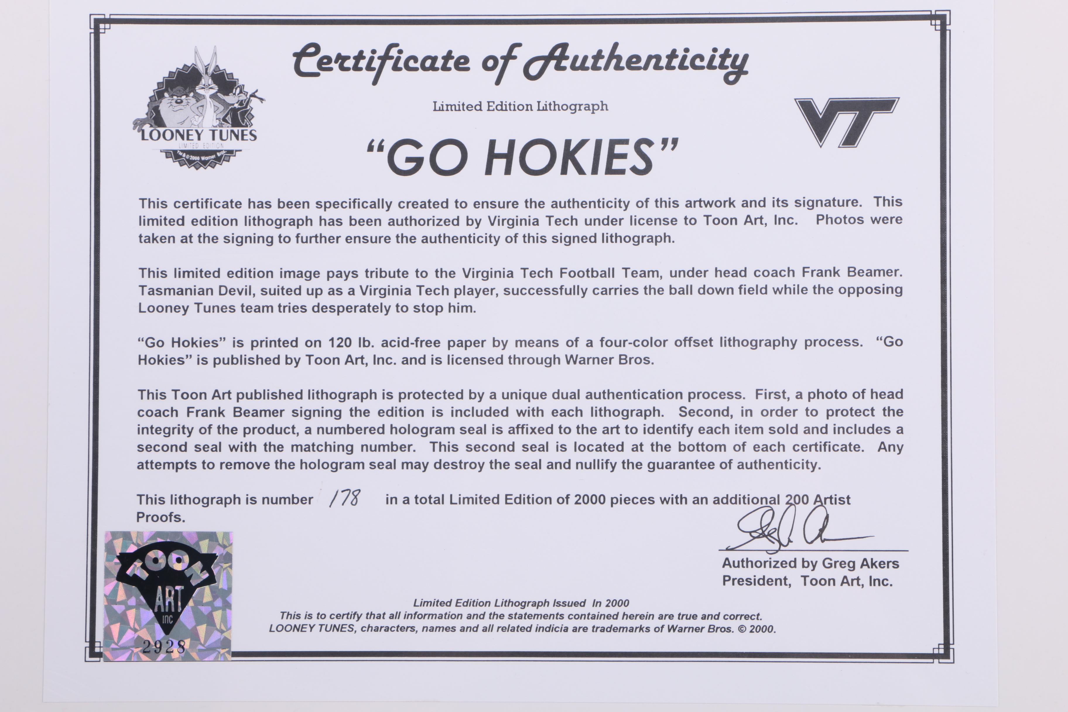 Autographed Limited Edition Offset Lithograph "Go Hokies"