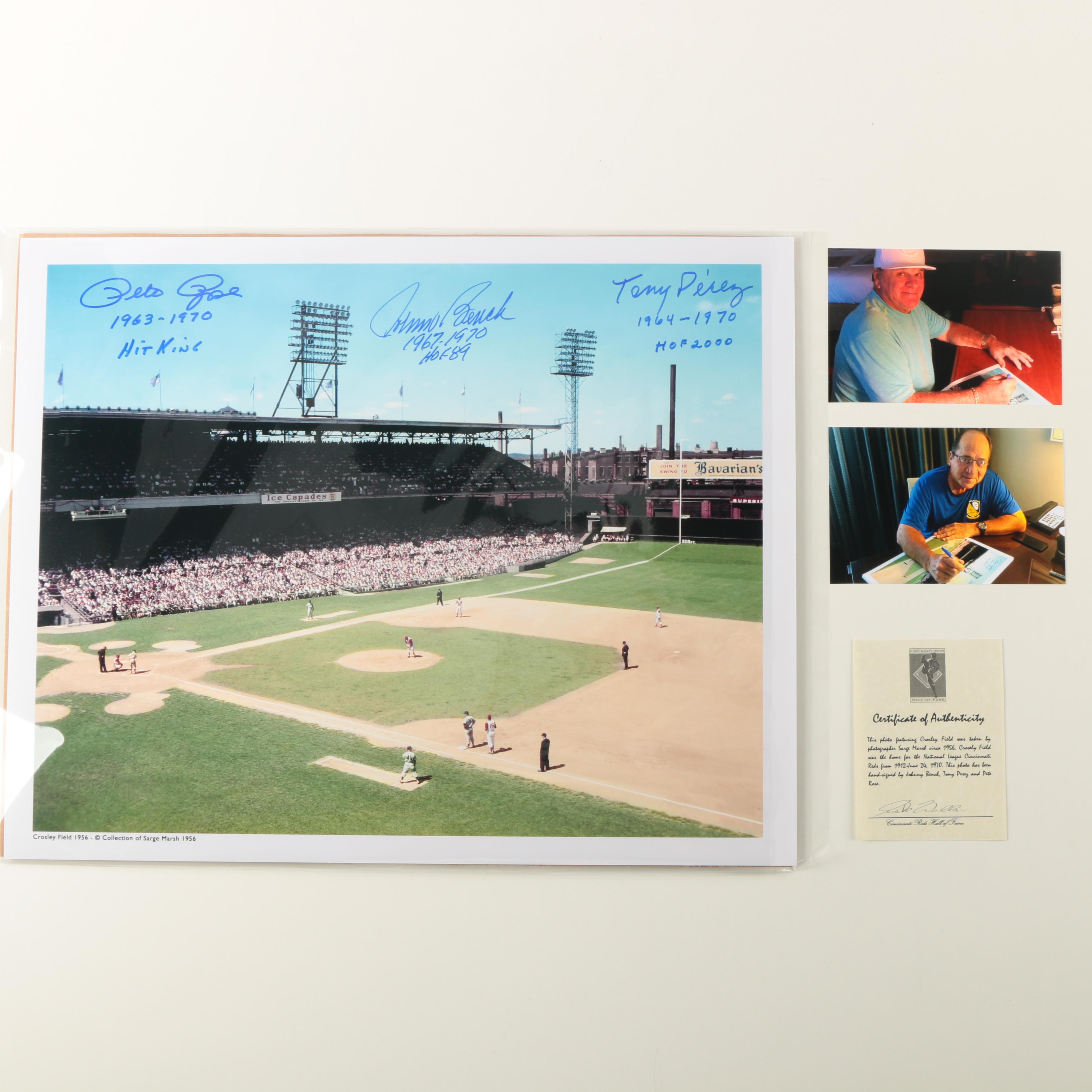 Fuji Crystal Photograph of Crosley Field Signed by Rose, Bench and Perez