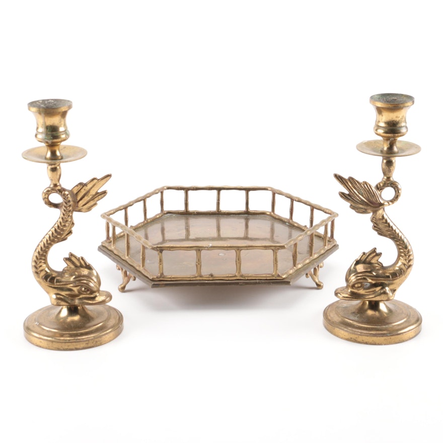 Brass Tray and Dolphin Candlesticks