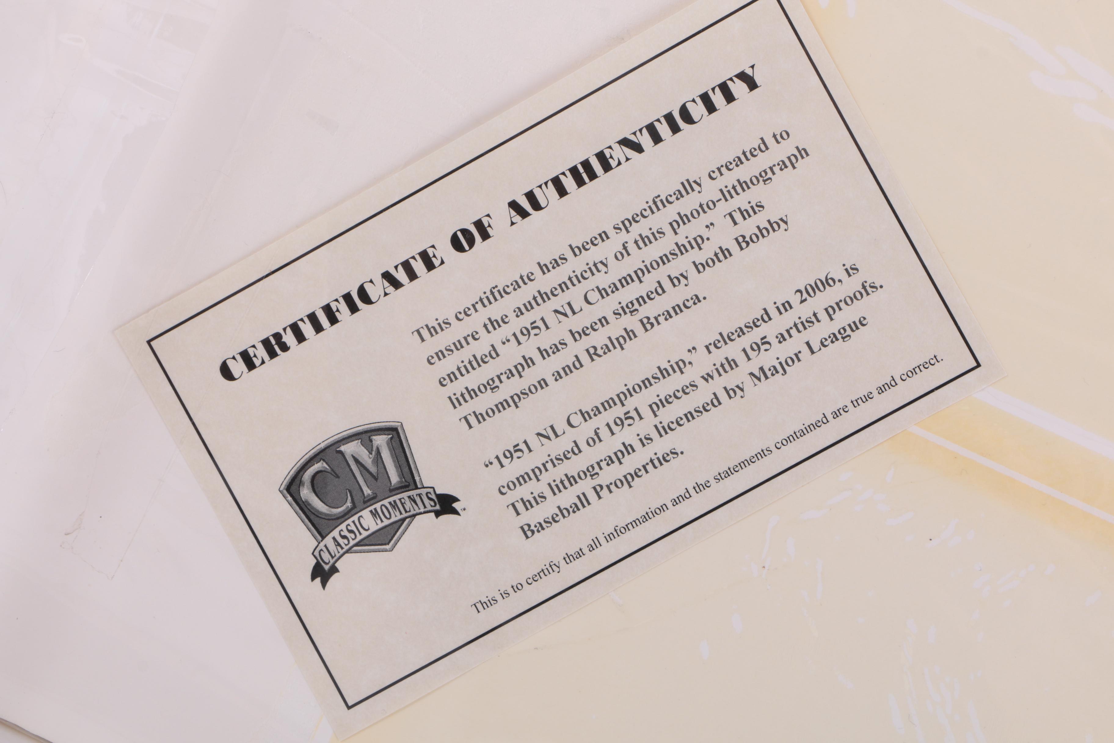 Baseball Themed Offset Lithograph Signed by Bobby Thomson and Ralph Branca