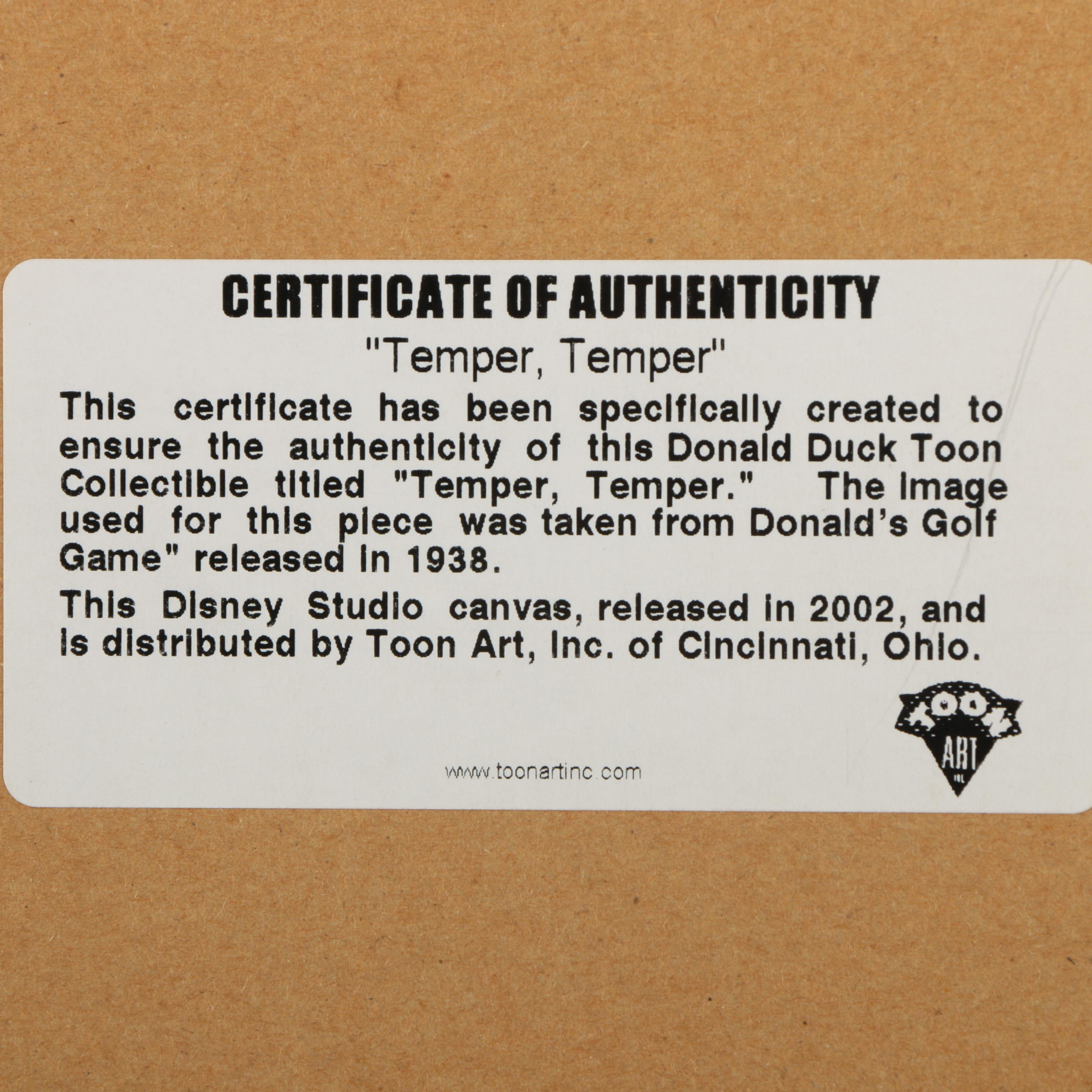 Stretched and Mounted Giclée on Canvas of Golfing Donald Duck "Temper, Temper"