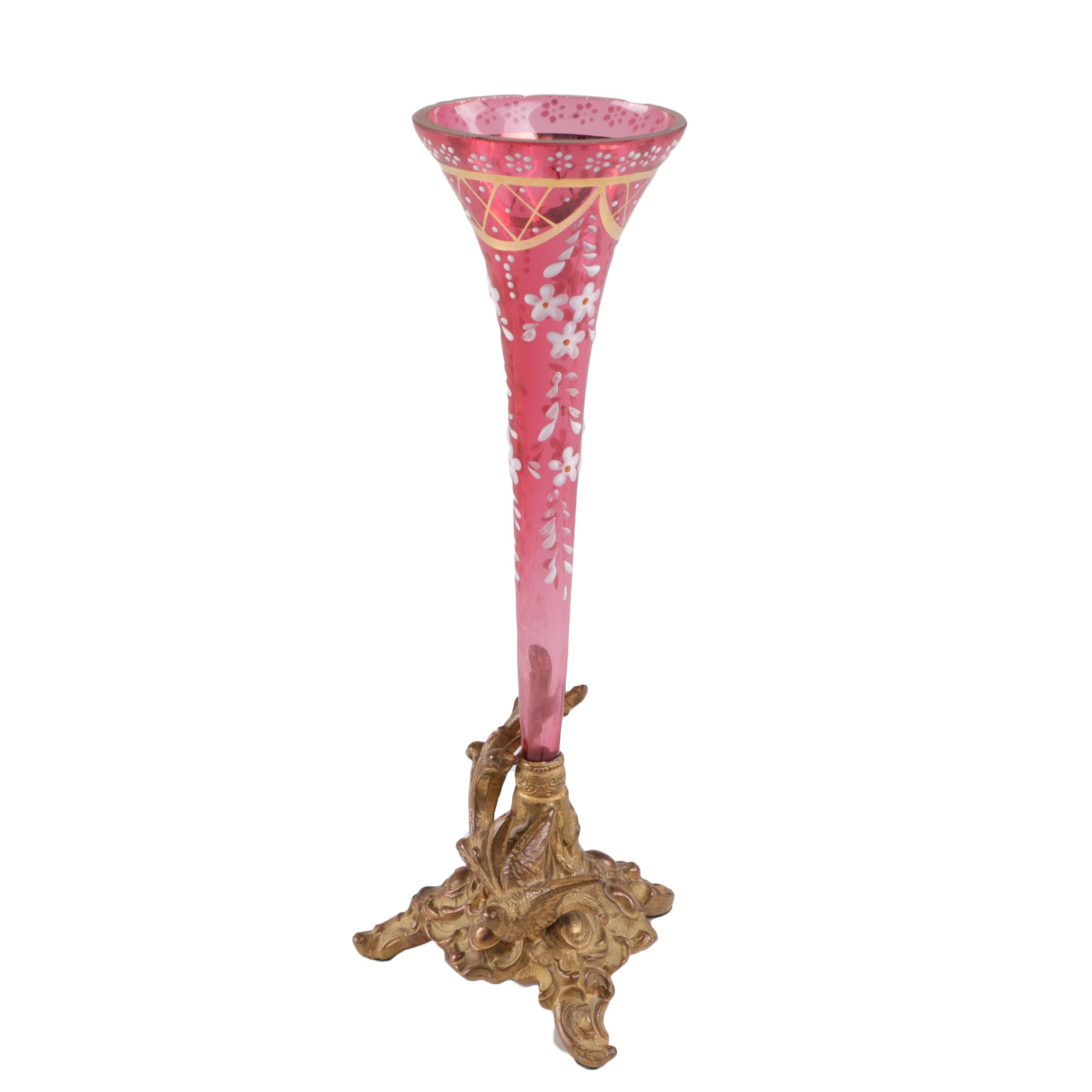 Vintage Hand Painted Enameled Cranberry Glass Vase with Brass Stand