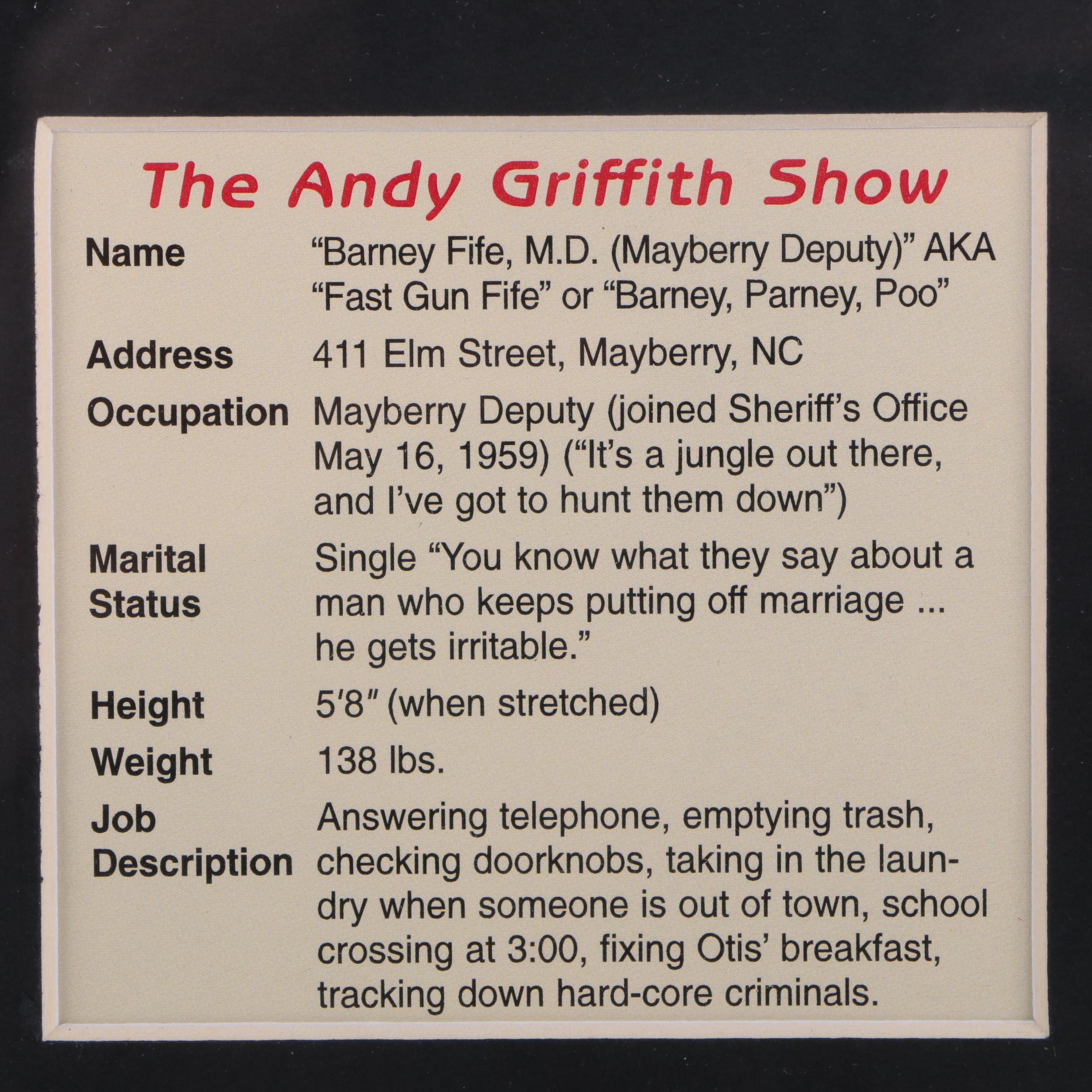 Autographed Offset Lithograph "Barney Fife" with Deputy Mayberry Patch