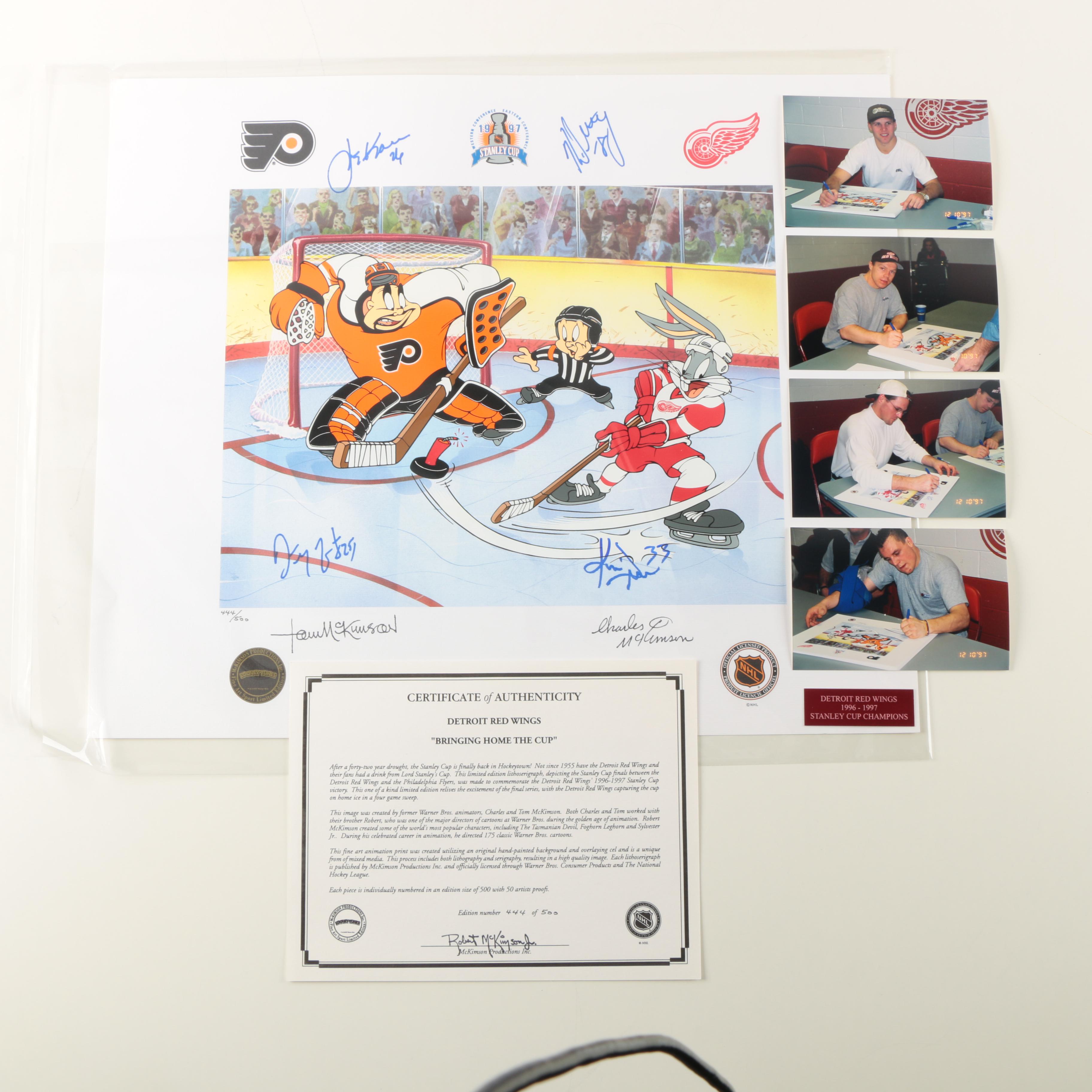 Signed Lithoserigraph of Bugs Bunny Autographed by Four 1997 Red Wings Players